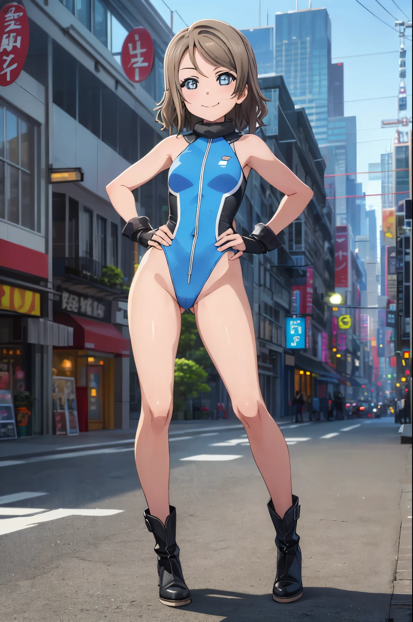(((pixel-perfect, detail-perfect))), solo, single, solo focus, 1girl, you watanabe, looking at viewer, smile, superhero, leotard, bare legs, boots, standing, hands on hip, full body shot, city backdrop, sleeveless, ultra highres, absurdres, ((only five fingers)), perfect body, good proportions