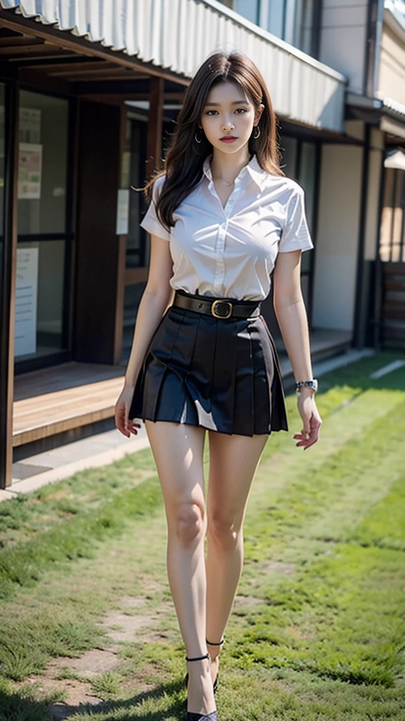 highest resolution, 8K, high definition, ( สาวผมlongมาก, ผมlong, straight hair, black hair), นักศึกษาthailand, (half-caste, thailand, Japan, Korea, Height 173 centimeters), ((stand, walk)), (Beautiful face, แต่งBeautiful face, Double eyelids, red lips), (Beautiful Woman, The texture is realistic.), (white short sleeve shirt thin shirt, collar shirt, With metal buttons), (black pleated skirt, long, Side incision, กระโปรงพร้อมbeltผู้หญิง, tight), (Huge breasts, Breast augmentation, big breast, Big tits, plump tits, Fluffy milk, Huge breasts), (Symmetrical shape, sexy figure, small waist, ขาlong, Beautiful thighs), (Pitch black high heels, earring, Put on a watch, belt), (full body, Look at every part of the body.), (university backdrop, building, building, lawn, outdoor sports field)