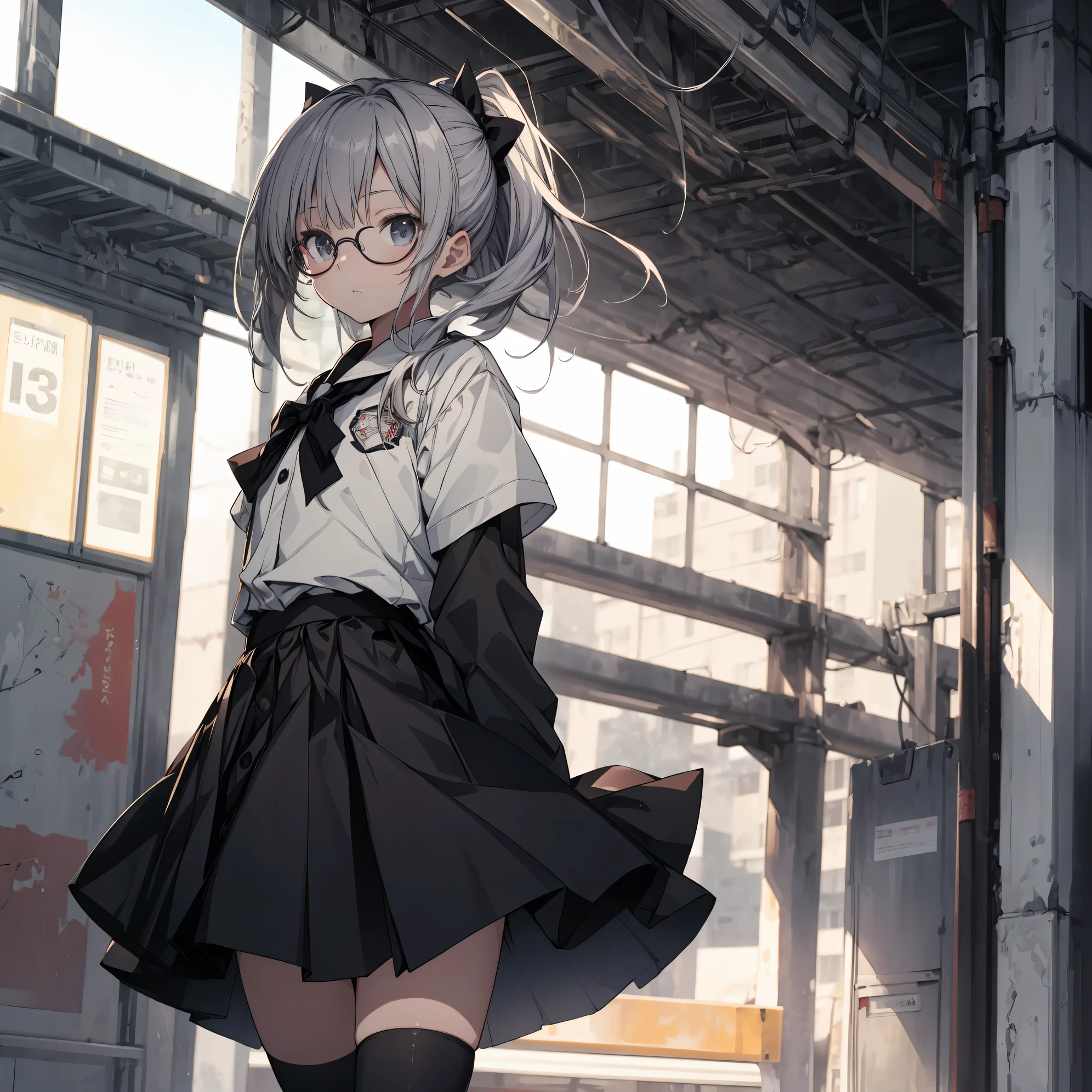 Super high quality by the art god, super detailed, High resolution,Fujiyama style, anime moe art style, best anime 8K konachan wallpaper, pixiv contest winner, perfect anatomy, break,(Please draw a girl with round glasses walking sleepily to school alone. ),break, surreal high school girl, (alone,lolita, , 13 years old:1.3),All limbs, full finger,, androgynous charm, blown hair, (short bob), ponytail, flat chest, small ass, between legs, round glasses, Small black eyes,beautiful and fine eyes, Well-proportioned iris and pupils, High resolutionの詳細な髪, wearing school uniform, (skirt), On the way to school. break,super dense skin, Best lighting by famous artists, 8K, figure,