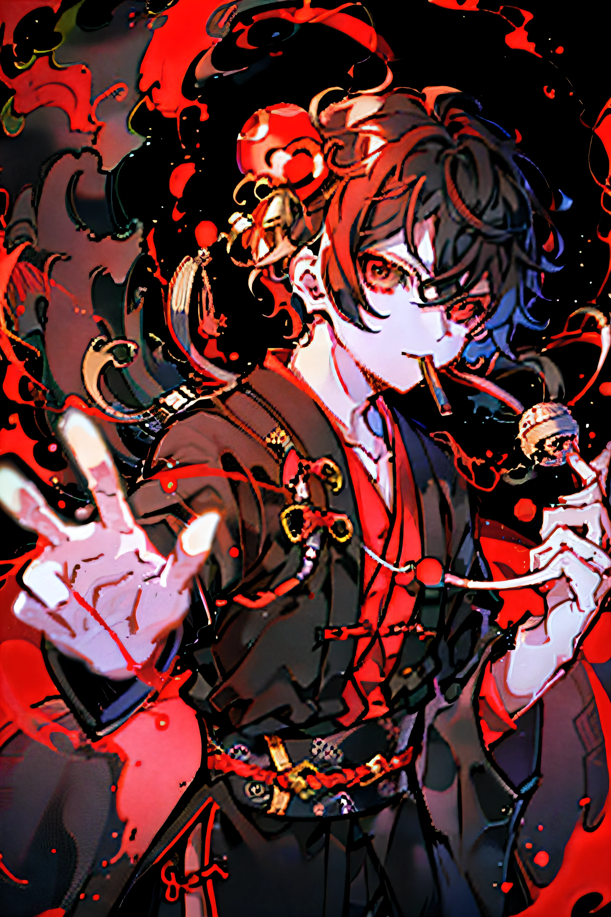 horny boy，White hair，Red-eyed，mouth closed，clavicle，black hanfu，Short hair details，Glowing black and red particles danced around him，Mysterious black and red symbols form in the air