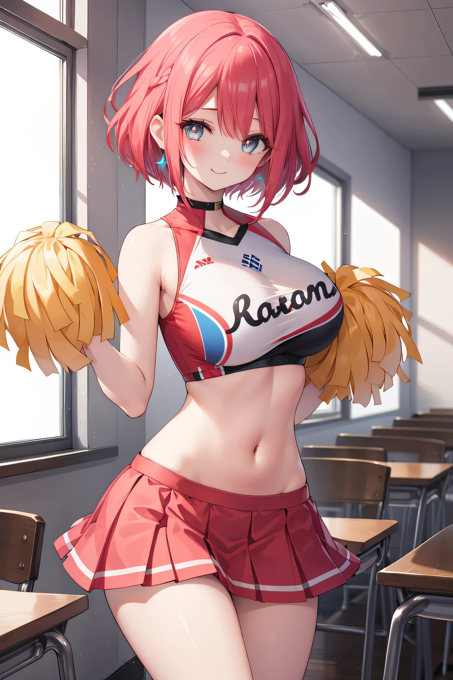 1girl, pyrarnd, tiara, earrings,(red hair:1.2),
BREAK  (cheerleader, crop top, holding pom poms, midriff, navel, orange skirt, pink footwear, pom pom (cheerleading):1,2)
BREAK Female pervert，（looki at viewer），cowboy lens，smile,
BREAK indoors, classroom,
BREAK (masterpiece:1.2), best quality, high resolution, unity 8k wallpaper, (illustration:0.8), (beautiful detailed eyes:1.6), extremely detailed face, perfect lighting, extremely detailed CG, (perfect hands, perfect anatomy),