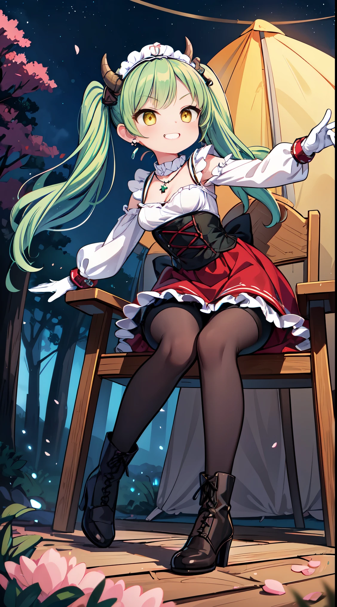 (super fine illustration:1.2),(masterpiece, 8k), (best quality, high quality:1.4), perfect anatomy, hyper detailed, ultra detailed,masterpiece background,beautiful detailed background, v8k wallpaper,perfect design,award-winning art,atmospheric,
BREAK, 1 beautiful girl, ( girl),alone,(cute:1.5),(Little:0.6),(cute:1.5),(change:0.5),break, :d, (twin tails, green hair, horn, long hair:1.35), (yellow eyes, double, slanted eyes:1.45), blush, double teeth, ((D cup breasts))), heart, sight, maid, /maid dragon/, dragon tail, (long eyelashes, double eyelids, thin eyebrows:1.2), alone, glowing skin, beautiful skin, beautiful skin, (highest quality face), (highest quality slanted eyes), maid outfit, gloves, open your mouth, short sleeve, smile, white gloves,(The best smile,smug face:1.45),
BREAK, ((floating hair,falling petals,sunless sea,chocolate,brown high heels,lolita fashion,gothic lolita,
frilled dress), (red skirt, detailed laced skirt), (tiara, necklace, earrings), BREAK,chair, outdoor, girl,long sleeves, long pants, boots, mug, night, stars, forest, tent, 1girl, night,stars, (forest:1.2), (chair:1.2), (outdoor:1.2),mug, (night:1.2), (tent:1.2), look up,smile,
BREAK,wakame,wakame,wakame,(dynamic pose,from front:1.5)
BREAK,(Blurry background:1.3),(absurderes, hight resolution, Super Detail Art),cel shading,Clear Color, Lonely optical effect, Beautiful pictures, Bright glow, mystic atmosphere,(Close-up of girl:1.1), Mystical light particle effect,manga influence, clean line drawings,