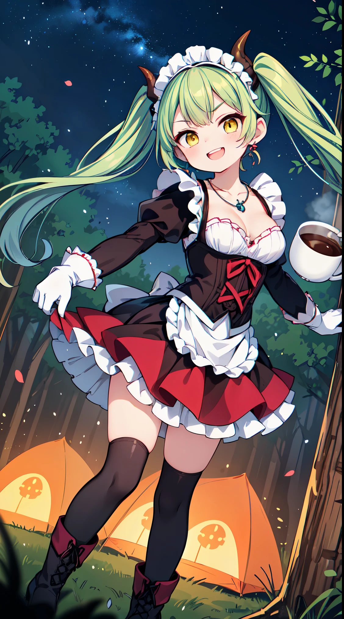 (super fine illustration:1.2),(masterpiece, 8k), (best quality, high quality:1.4), perfect anatomy, hyper detailed, ultra detailed,masterpiece background,beautiful detailed background, v8k wallpaper,perfect design,award-winning art,atmospheric,
BREAK, 1 beautiful girl, (17 year old girl),alone,(cute:1.5),(Little:0.6),(cute:1.5),(change:0.5),break, :d, (twin tails, green hair, horn, long hair:1.35), (yellow eyes, double, slanted eyes:1.45), blush, double teeth, ((D cup breasts))), heart, sight, maid, /maid dragon/, dragon tail, (long eyelashes, double eyelids, thin eyebrows:1.2), alone, glowing skin, beautiful skin, beautiful skin, (highest quality face), (highest quality slanted eyes), maid outfit, gloves, open your mouth, short sleeve, smile, white gloves,(The best smile,smug face:1.45),
BREAK, ((floating hair,falling petals,sunless sea,chocolate,brown high heels,lolita fashion,gothic lolita,
frilled dress), (red skirt, detailed laced skirt), (tiara, necklace, earrings), BREAK,chair, outdoor, girl,long sleeves, long pants, boots, mug, night, stars, forest, tent, 1girl, night,stars, (forest:1.2), (chair:1.2), (outdoor:1.2),mug, (night:1.2), (tent:1.2), look up,smile,
BREAK,wakame,wakame,wakame,(dynamic pose,from front:1.5)
BREAK,(Blurry background:1.3),(absurderes, hight resolution, Super Detail Art),cel shading,Clear Color, Lonely optical effect, Beautiful pictures, Bright glow, mystic atmosphere,(Close-up of girl:1.1), Mystical light particle effect,manga influence, clean line drawings,