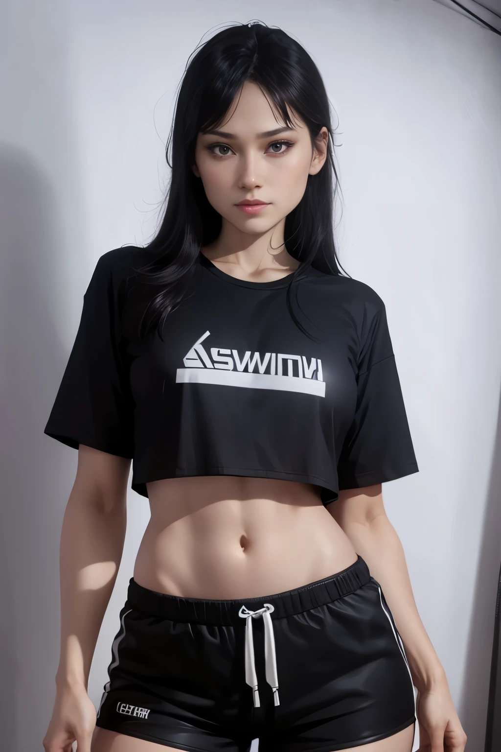 masterpiece:2.0,best quality, perfect face,Wear loose-fitting T-shirts,low cut,Wear black shorts,her are big,Sweaty thighs,shy expression