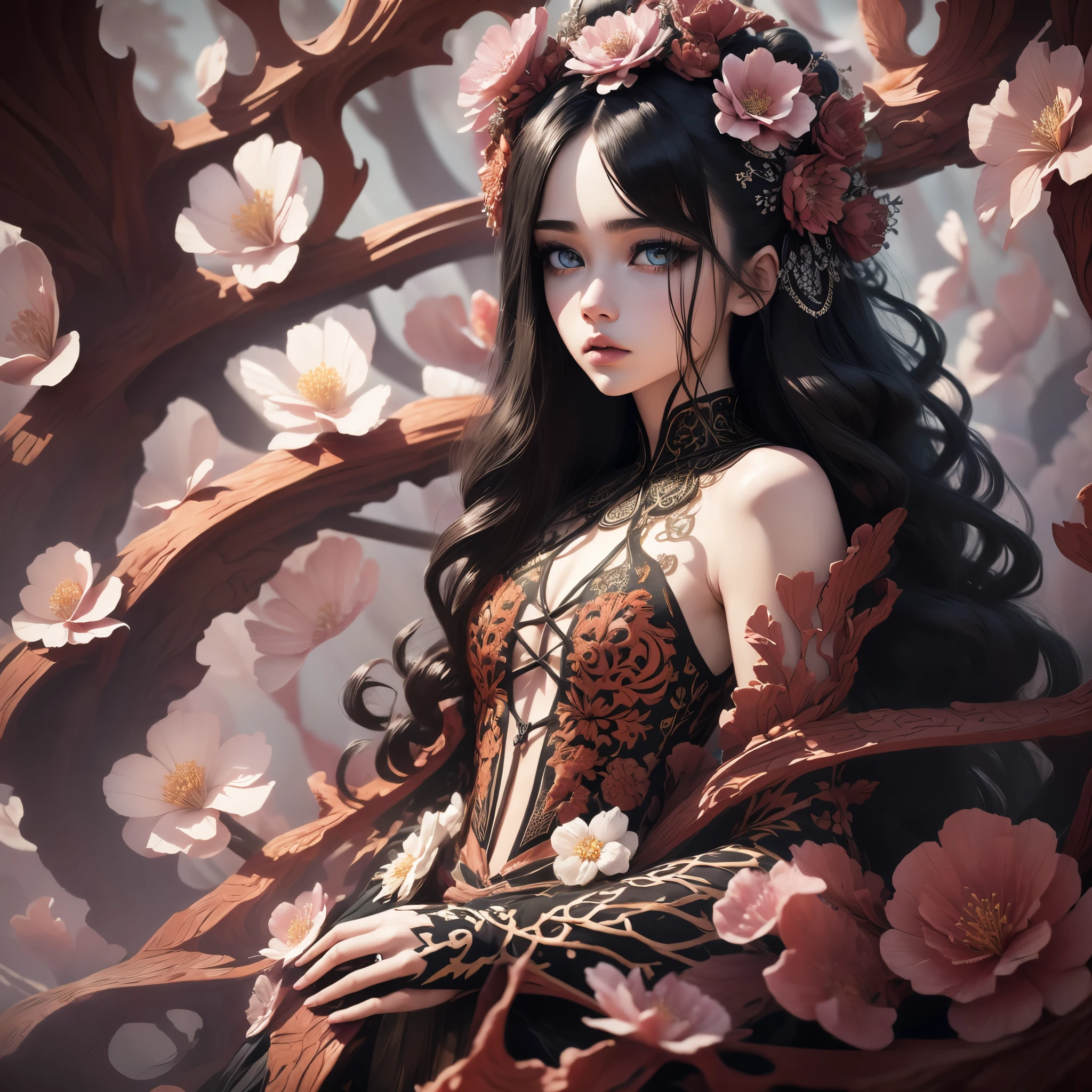 Official Art, Unity 8k Wallpaper, Ultra Detailed, Beautiful and Aesthetic, Masterpiece, Top Quality, (Photorealistic:1.4), (Zentangle, Mandala, Entanglement, Entanglement), (Flower Ecstasy:1.2), (Fractal Art:1.3), (Very many small flowers on the girl's head), 1girl, Black eyes, Detailed black hair, Hair with light, Upper body, Wrapped in thorns, Blossoming in thorns, Extreme detail, Dynamic angles, Cowboy shot, The most beautiful form Chaos, Elegance, Brutal design, vivid colors, surreal romanticism, several petals in the hair, whirlwind, (looking back at the viewer), strong tonal makeup, extremely realistic face, detailed face, detailed nose, very detailed lips, intricate clothes, intricate background, wavy hair, fluttering hem, fashion magazine style, no extra arms, no more than 2arms,