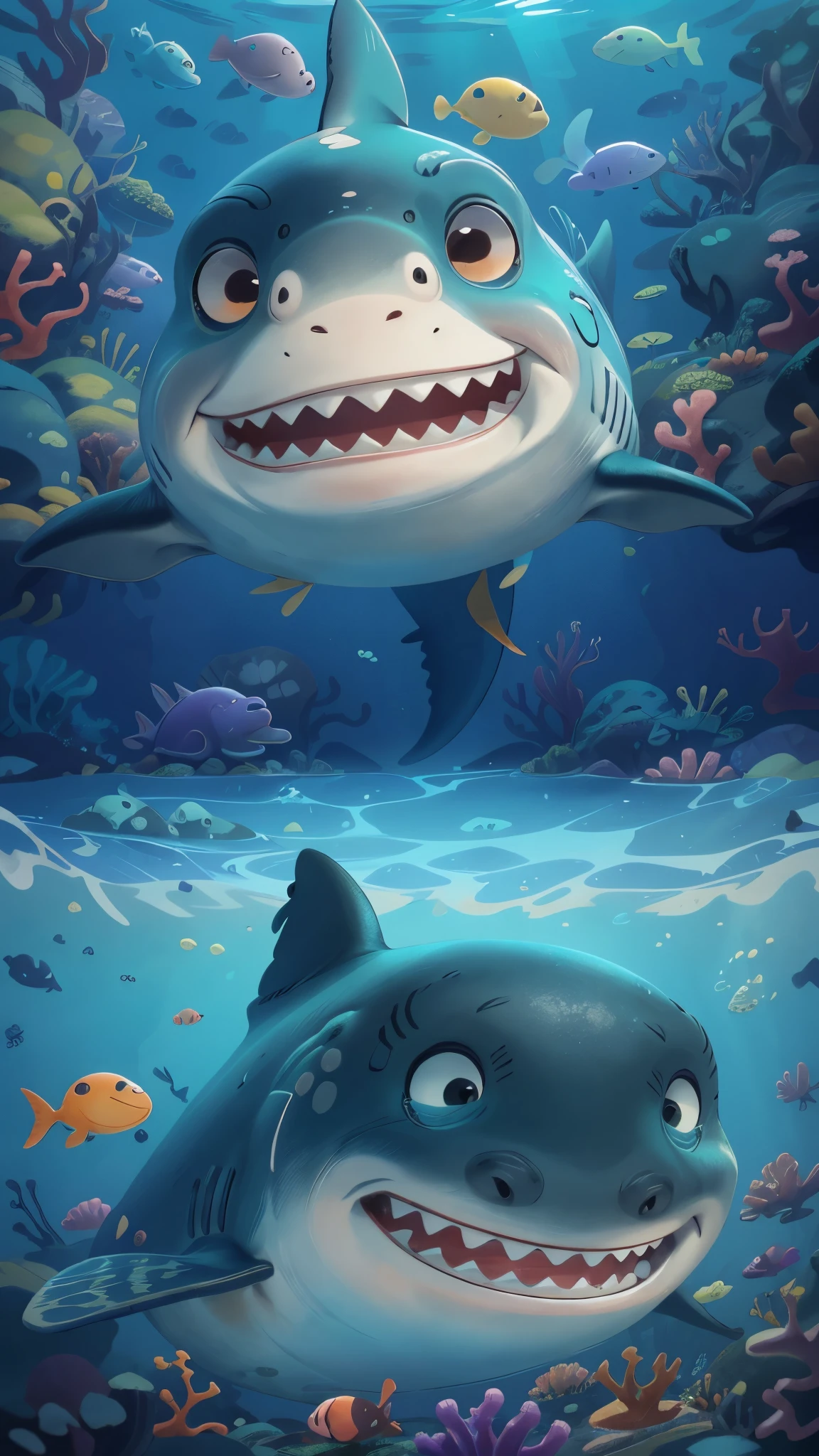 Deep in the ocean，A lovely shark，Swim out of the hole，front view，Pixar style, best quality, stills, very cute, big eyes, Very happy，deep sea，seabed，dappled sunshine，Cool colors，high details, high quality, masterpiece, ccurate, super detail，