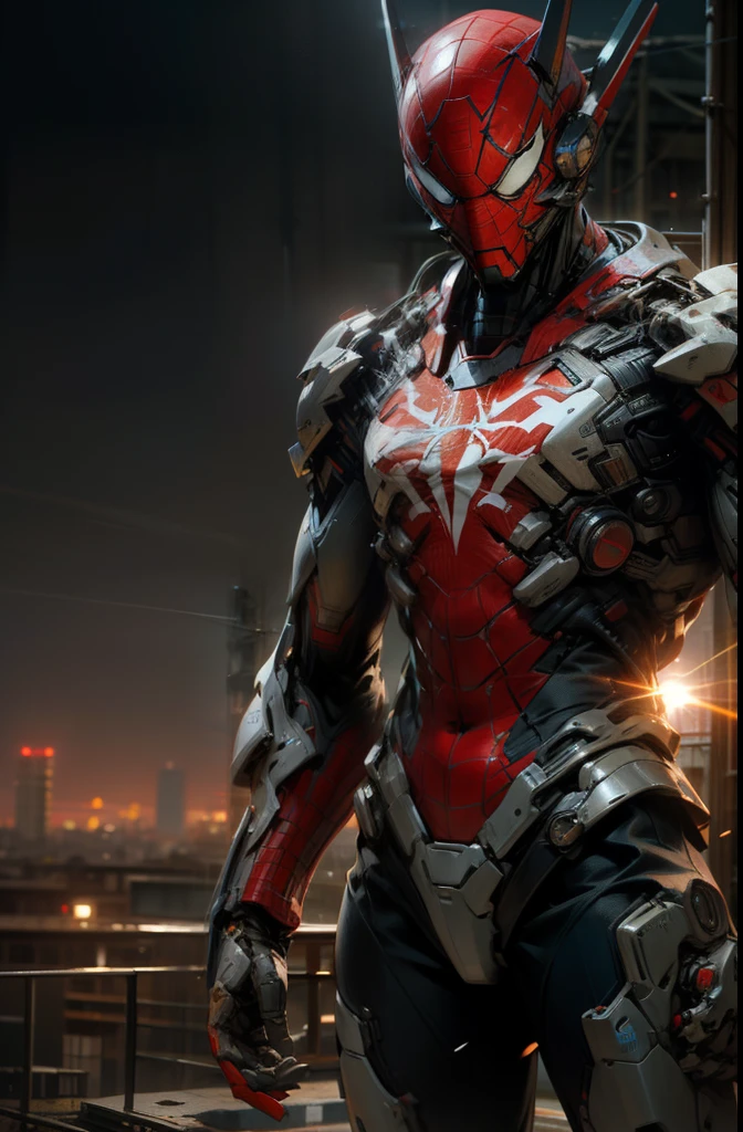 Masterpiece, top quality, high resolution, realistic, cowboy shot, 1 guy, ultraman, mecha Spiderman, red, blue, transparent, (stance: 1.1), biomechanics, urban, sunset, dramatic lighting,