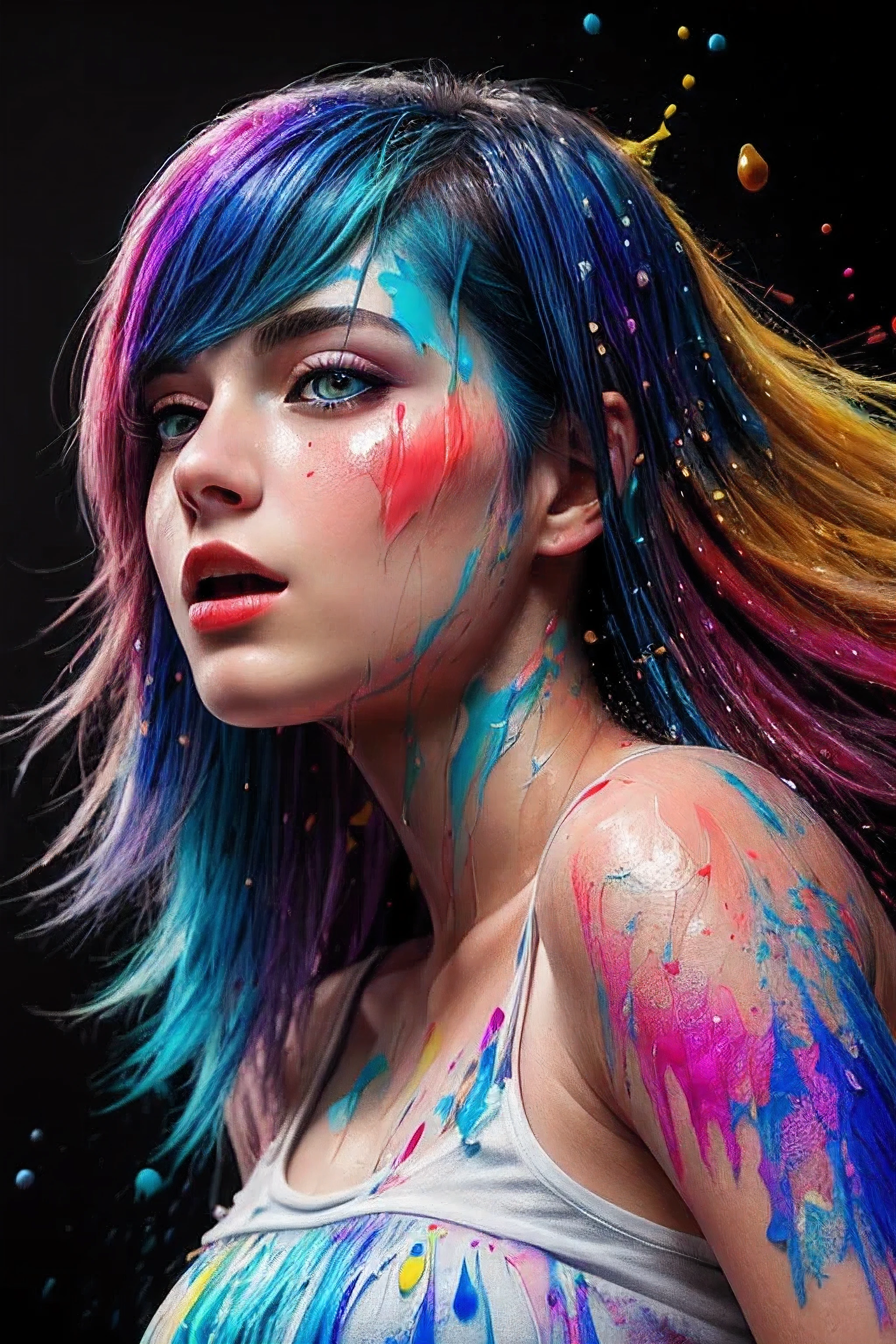 (level difference:1.8),(Paint colliding and splashing on the canvas),(depth of field),1girl's side face blends into it,((side face)),open mouth,(liquid paint rainbow hair:1.1) made of paint and defies gravity,thick flowing,(paint splatter:1.3),Liquid state,stunningly beautiful, masterpiece, detailed background,ultra high quality model, ethereal background,abstract beauty, explosive volumetric, oil painting,heavy strokes,Romantic lighting,Sub-Surface Scatterring,lens 135mm,f1.8,glow,8k,high resolution, dreamy,ray tracing,hdr,god rays,