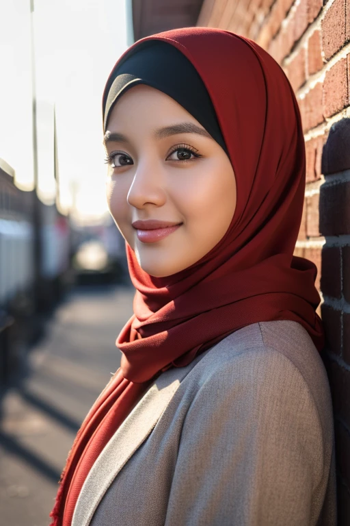 ((Masterpiece, ultra detailed, best quality, HDR, UHD, Sharp focus, hyper realistic, photorealistic, like a photo, RAW Photo))1 girl, soft smile,abaya, red brick wall background, close up, hijab, jilbab, scarf, 30 yo