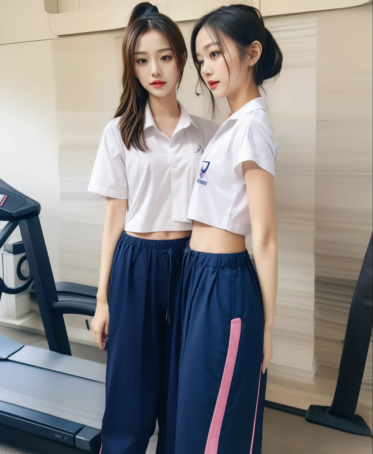 2 girls in the fitness center, Navy blue short-sleeved shirt,Navy Long Trackpant,Sweatpants, Sweatpantsขายาว,25 year old girl, lesbian, sexy, exercise clothes, wet body, exercise clothes