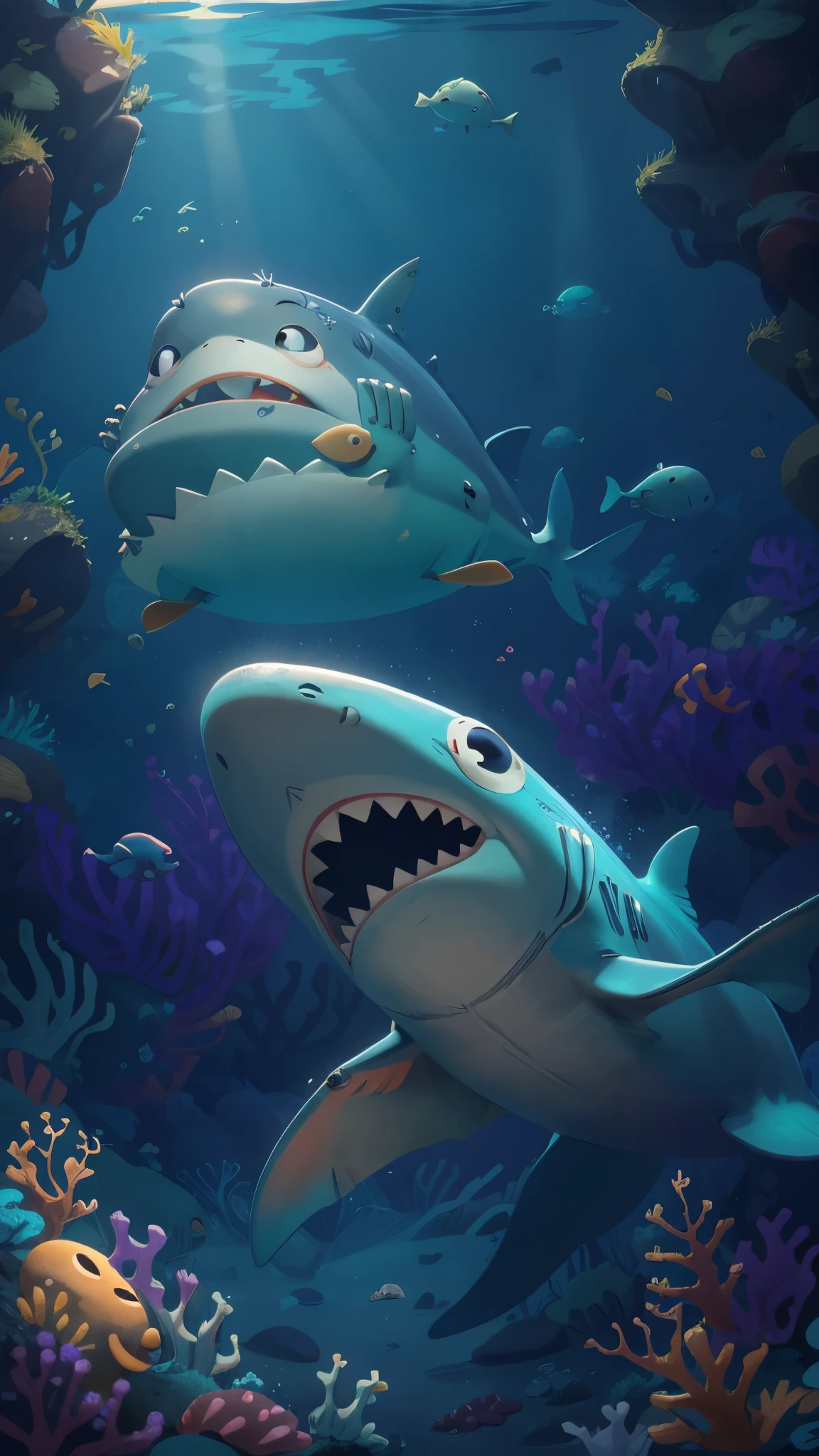Deep in the ocean，A lovely shark，Swim out of the hole，front view，Pixar style, best quality, stills, very cute, big eyes, Very happy，deep sea，seabed，dappled sunshine，Cool colors，high details, high quality, masterpiece, ccurate, super detail，