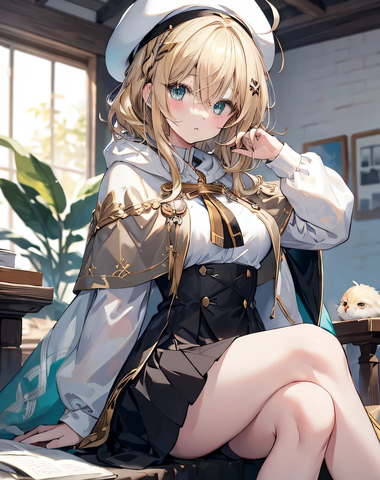 masterpiece,1girl, sparrow, a blonde haired girl, wearing a priestess uniform, curly medium hair, messy hair, black skirt, slim body, wearing golden capelet with white hoody, big breasts, she close her left eye, shirt ornament, ****ppai, lovely expression, beautiful breasts, rounded breasts, aqua eyes, dress, miniskirt, sit at forest, ahoge, she wearing her hoody, white beret