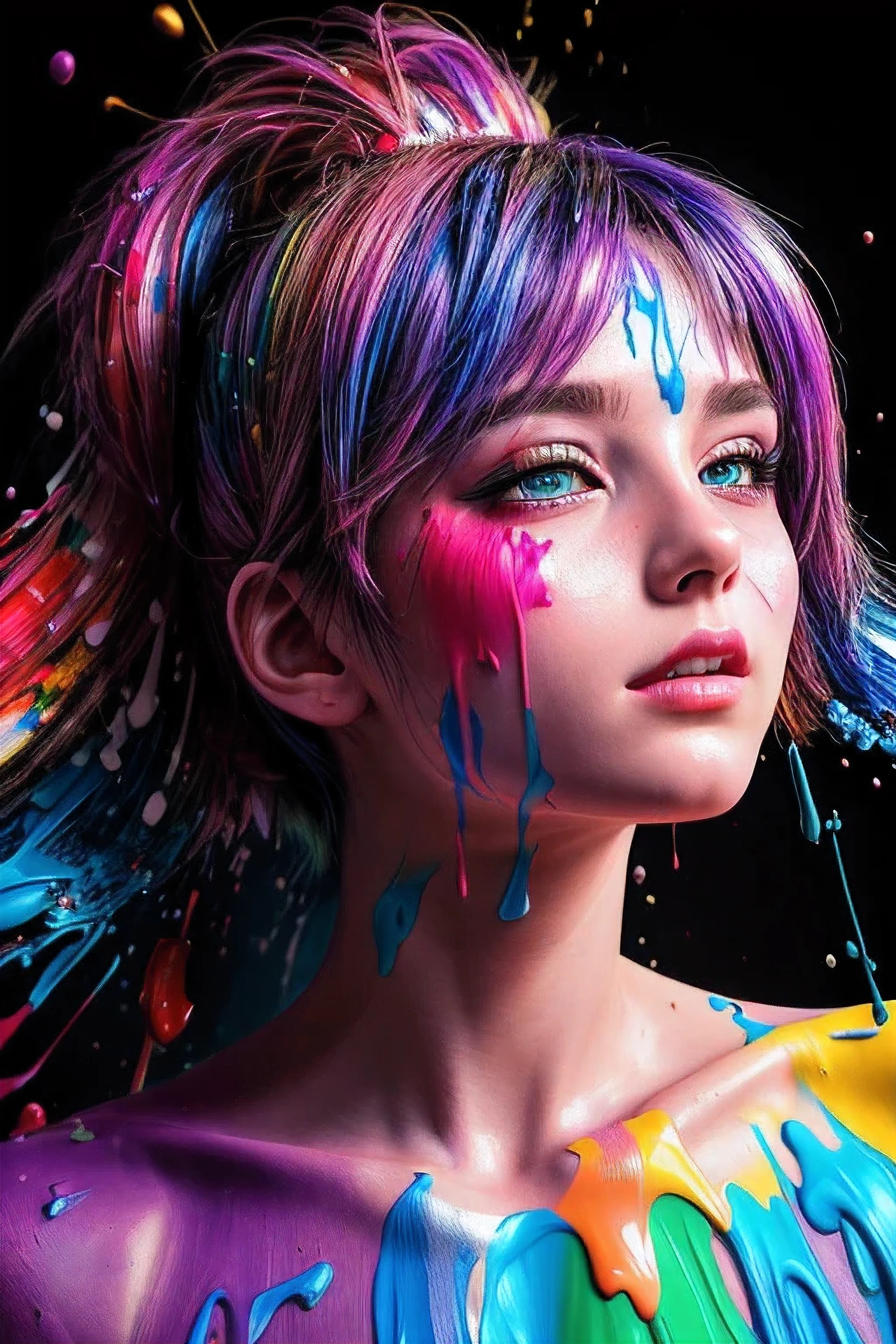 (level difference:1.8),(Paint colliding and splashing on the canvas),(depth of field),1girl's side face blends into it,((side face)),open mouth,(liquid paint rainbow hair:1.1) made of paint and defies gravity,thick flowing,(paint splatter:1.3),Liquid state,stunningly beautiful, masterpiece, detailed background,ultra high quality model, ethereal background,abstract beauty, explosive volumetric, oil painting,heavy strokes,Romantic lighting,Sub-Surface Scatterring,lens 135mm,f1.8,glow,8k,high resolution, dreamy,ray tracing,hdr,god rays,