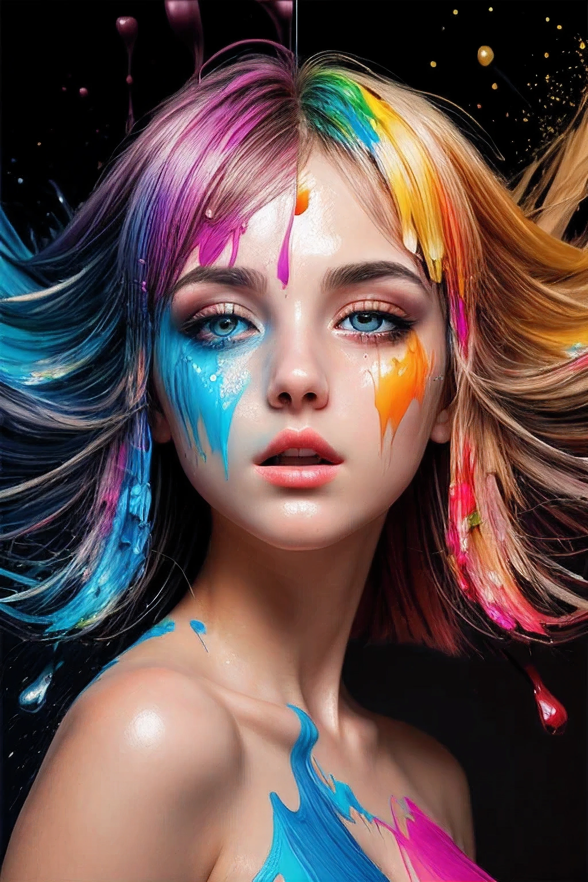 (level difference:1.8),(Paint colliding and splashing on the canvas),(depth of field),1girl's side face blends into it,((side face)),open mouth,(liquid paint rainbow hair:1.1) made of paint and defies gravity,thick flowing,(paint splatter:1.3),Liquid state,stunningly beautiful, masterpiece, detailed background,ultra high quality model, ethereal background,abstract beauty, explosive volumetric, oil painting,heavy strokes,Romantic lighting,Sub-Surface Scatterring,lens 135mm,f1.8,glow,8k,high resolution, dreamy,ray tracing,hdr,god rays,