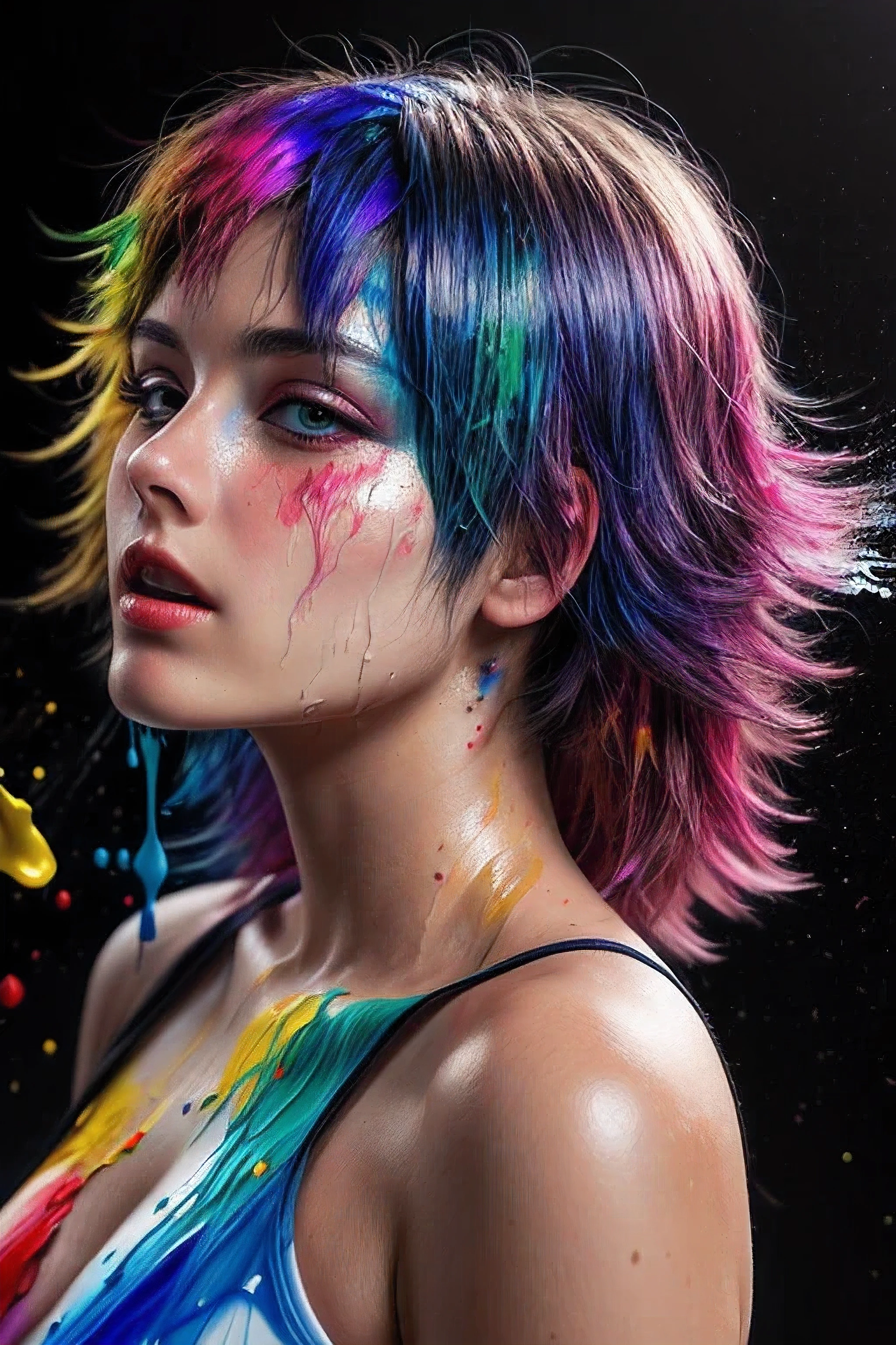 (level difference:1.8),(Paint colliding and splashing on the canvas),(depth of field),1girl's side face blends into it,((side face)),open mouth,(liquid paint rainbow hair:1.1) made of paint and defies gravity,thick flowing,(paint splatter:1.3),Liquid state,stunningly beautiful, masterpiece, detailed background,ultra high quality model, ethereal background,abstract beauty, explosive volumetric, oil painting,heavy strokes,Romantic lighting,Sub-Surface Scatterring,lens 135mm,f1.8,glow,8k,high resolution, dreamy,ray tracing,hdr,god rays,