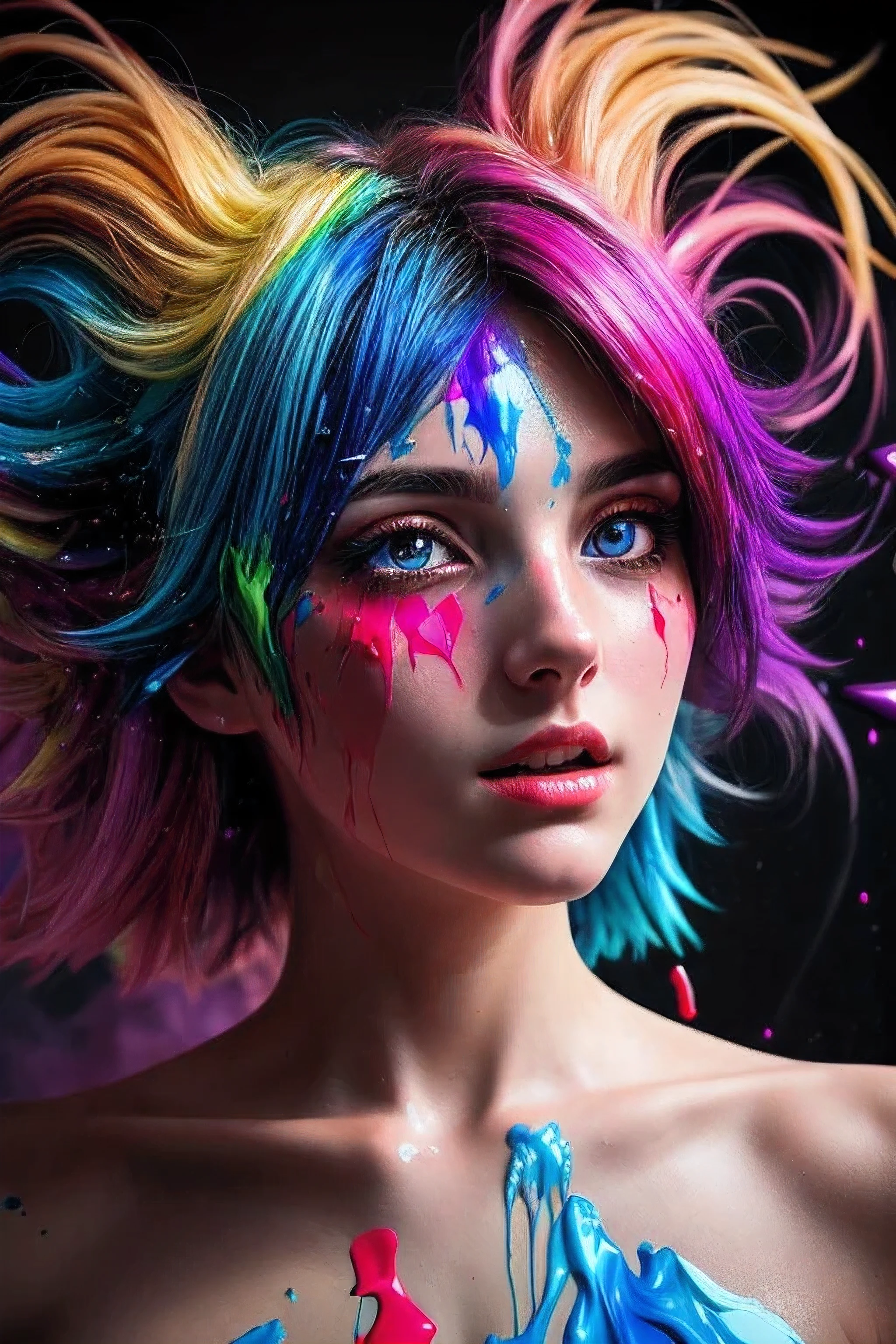 (level difference:1.8),(Paint colliding and splashing on the canvas),(depth of field),1girl's side face blends into it,((side face)),open mouth,(liquid paint rainbow hair:1.1) made of paint and defies gravity,thick flowing,(paint splatter:1.3),Liquid state,stunningly beautiful, masterpiece, detailed background,ultra high quality model, ethereal background,abstract beauty, explosive volumetric, oil painting,heavy strokes,Romantic lighting,Sub-Surface terring,lens 135mm,f1.8,glow,8k,high resolution, dreamy,ray tracing,hdr,god rays,