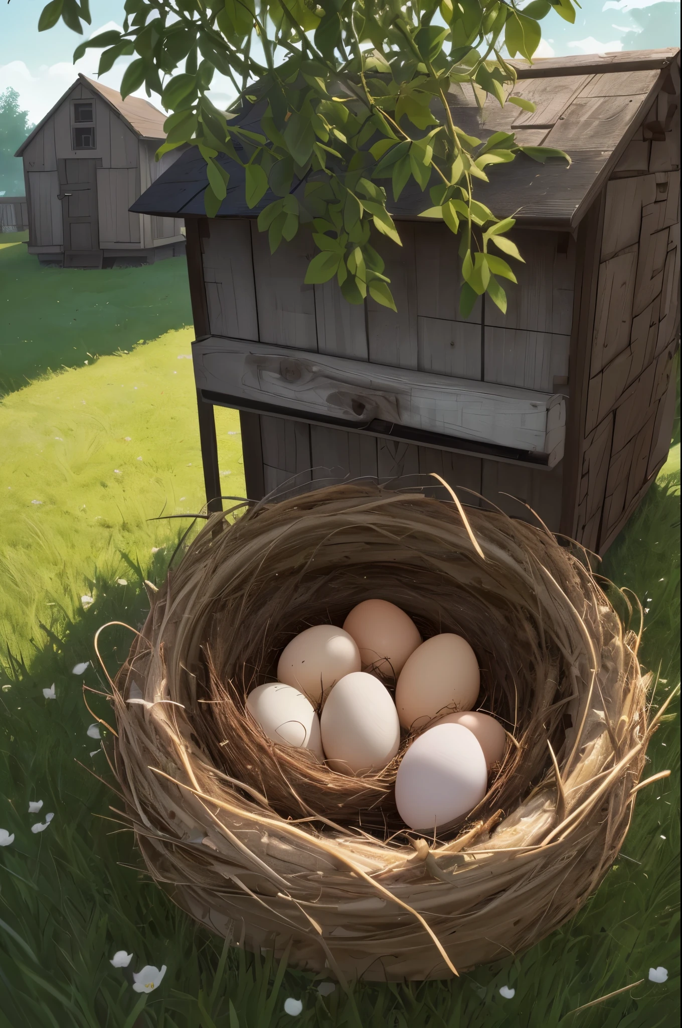 (best quality,4k,8k,highres,masterpiece:1.2),ultra-detailed,(realistic,photorealistic,photo-realistic:1.37),brightly lit chicken,brooding eggs,nest,hens,feathers,[hen house],warm,cozy,comfortable,safe,farmyard,lush green grass,flowers,countryside,serene atmosphere