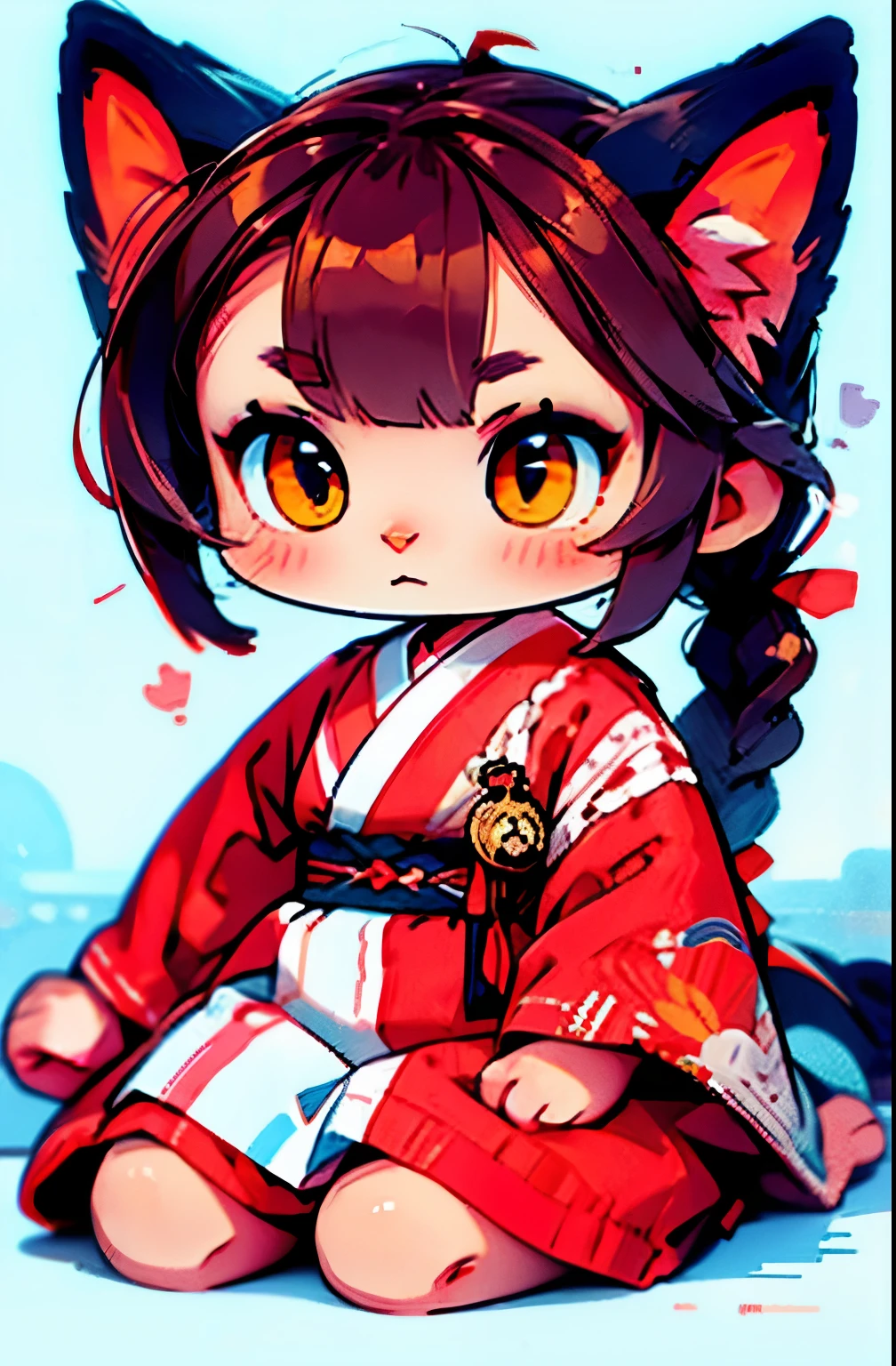 kawaii chibi cat girl, with brown hair tied in one single braid, dressed with red kimono, UHD, 8k.