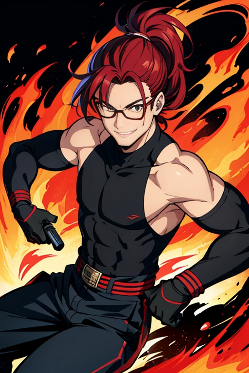 Two-dimensional, anime style, 1 man , solo, (male warrior) , slim body, 30 years old, correct proportions, face details, martial arts, black pants with red stripes on the sides, black male japanese clothes, sleeveless black martial arts uniform with red stripes, obi, marron belt, black tank top with turtleneck, black shoes, wearing sleeveless black gloves,wearing navy blue glasses, long ponytail hairstyle with red stripes, light and shadow tracing, ray tracing, detail glow, CG rendering, hair details, long black and red hair, a lot of details, volcano environment,smiling joyfully, looking at the viewer, making his combat position, surrounded by flames, rising red fire asian dragon