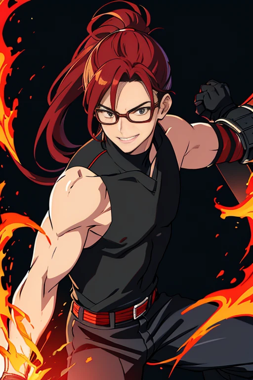Two-dimensional, anime style, 1 man , solo, (male warrior) , slim body, 30 years old, correct proportions, face details, martial arts, black pants with red stripes on the sides, black male japanese clothes, sleeveless black martial arts uniform with red stripes, obi, marron belt, black tank top with turtleneck, black shoes, wearing sleeveless black gloves,wearing navy blue glasses, long ponytail hairstyle with red stripes, light and shadow tracing, ray tracing, detail glow, CG rendering, hair details, long black and red hair, a lot of details, volcano environment,smiling joyfully, looking at the viewer, making his combat position, surrounded by flames, rising red fire asian dragon