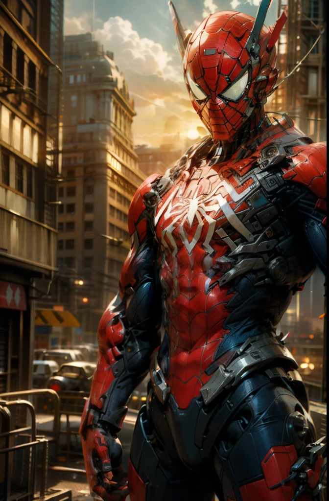 Masterpiece, top quality, high resolution, realistic, cowboy shot, 1 guy, ultraman, mecha Spiderman, red, blue, transparent, (stance: 1.1), biomechanics, urban, sunset, dramatic lighting,