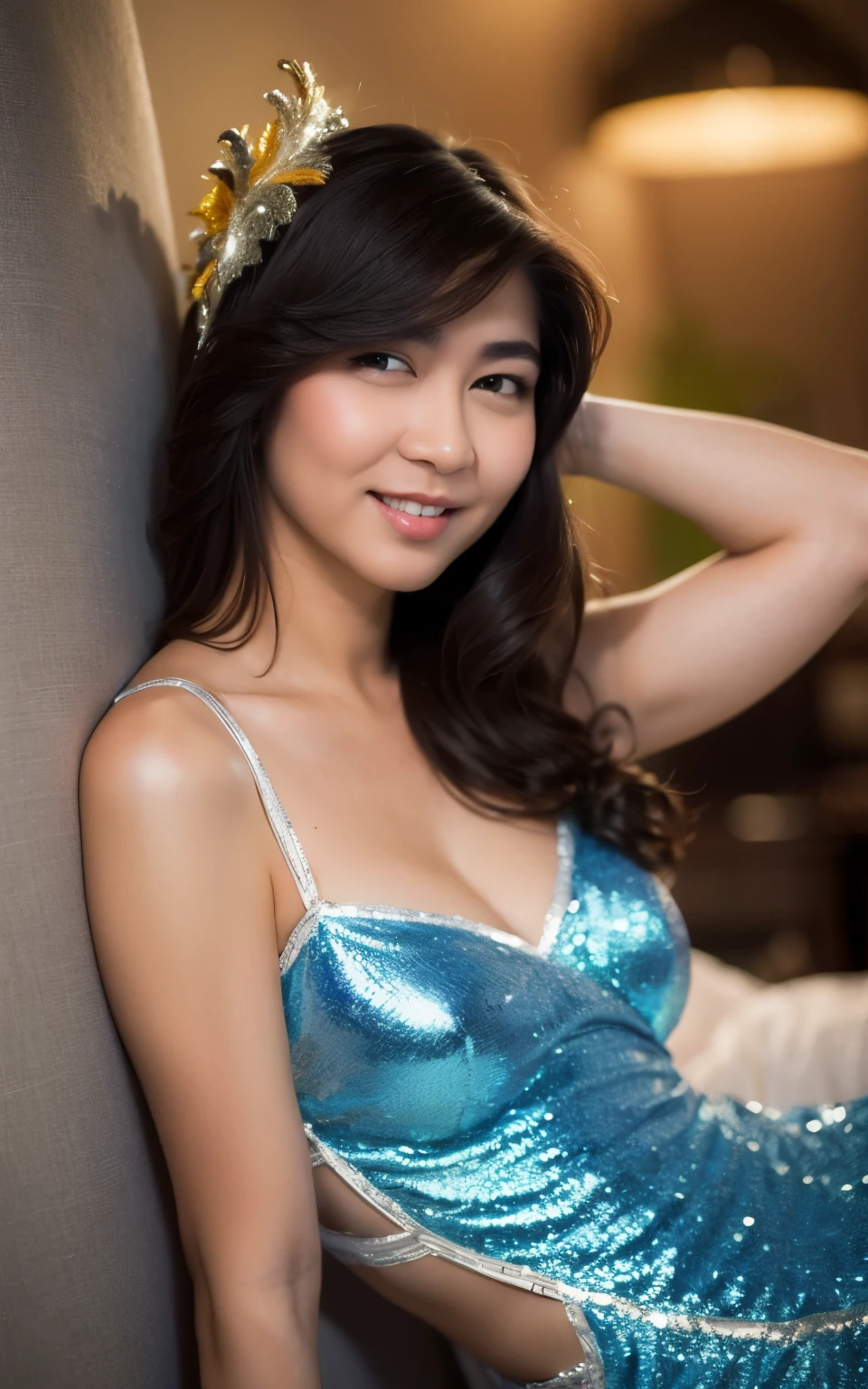 jessica veranda, Highly detailed CG Unity 8k wallpaper, of the highest quality, super detailed, masutepiece, Realistic, photos realistic, extremely detailed cute girl, 20 years old, Large breasts , cleavage  , (Samba Carnival Dancer, Samba Carnival Wear:1.2) ,  
, Round eyes, viewer , Parted lips,  Smile , (bed , sitting) ,  sexy pose, very tempting women