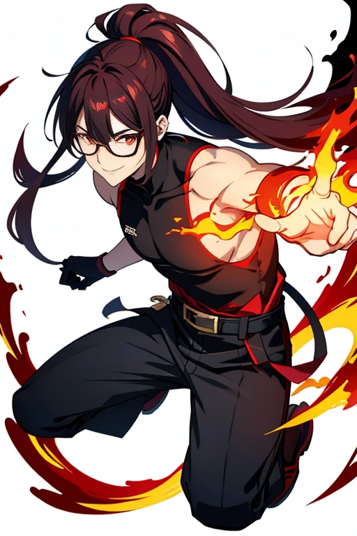 Two-dimensional, anime style, 1 man , solo, (male warrior) , slim body, 30 years old, brunette, correct proportions, face details, martial arts, black pants with red stripes on the sides, black male japanese clothes, sleeveless black martial arts uniform with red stripes, obi, marron belt, black tank top with turtleneck, black shoes, wearing sleeveless black gloves,wearing navy blue glasses, long ponytail hairstyle with red stripes, light and shadow tracing, ray tracing, detail glow, CG rendering, hair details, long black and red hair,  a lot of details, volcano environment,smiling joyfully, looking at the viewer, making his combat position,  surrounded by flames, rising red fire asian dragon 