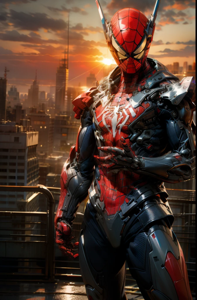 Masterpiece, top quality, high resolution, realistic, cowboy shot, 1 guy, ultraman, mecha Spiderman, red, blue, transparent, (stance: 1.1), biomechanics, urban, sunset, dramatic lighting,