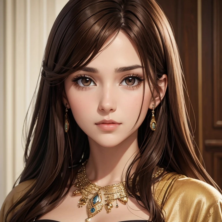 Beautiful woman with brown hair brown eyes detailed face indifferent look seen as bust 