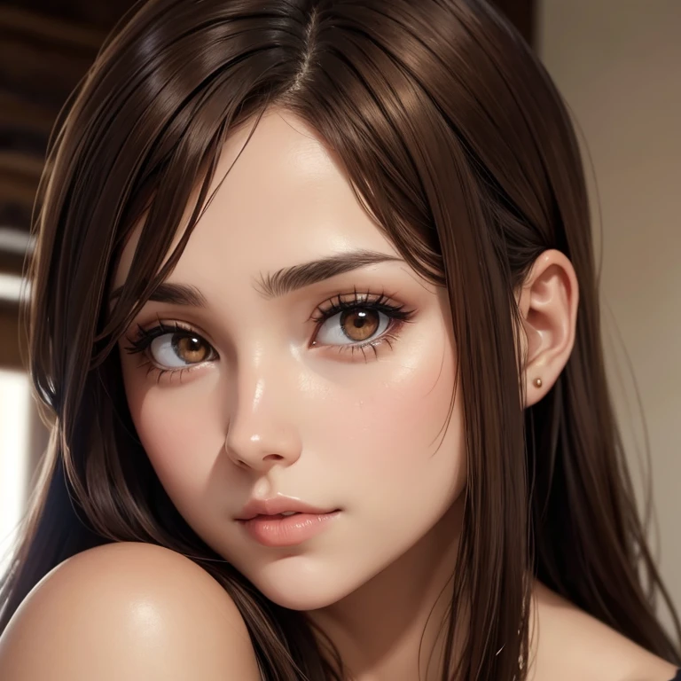 Beautiful woman with brown hair brown eyes detailed face indifferent look seen as bust 