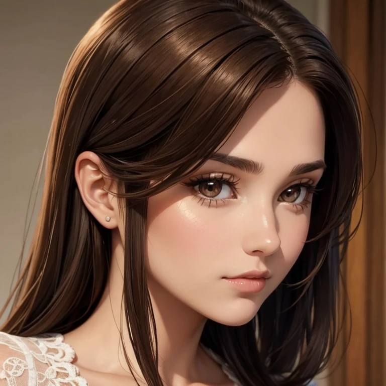 Beautiful woman with brown hair brown eyes detailed face indifferent look seen as bust 