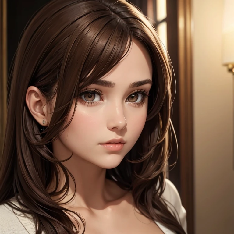 Beautiful woman with brown hair brown eyes detailed face indifferent look seen as bust 