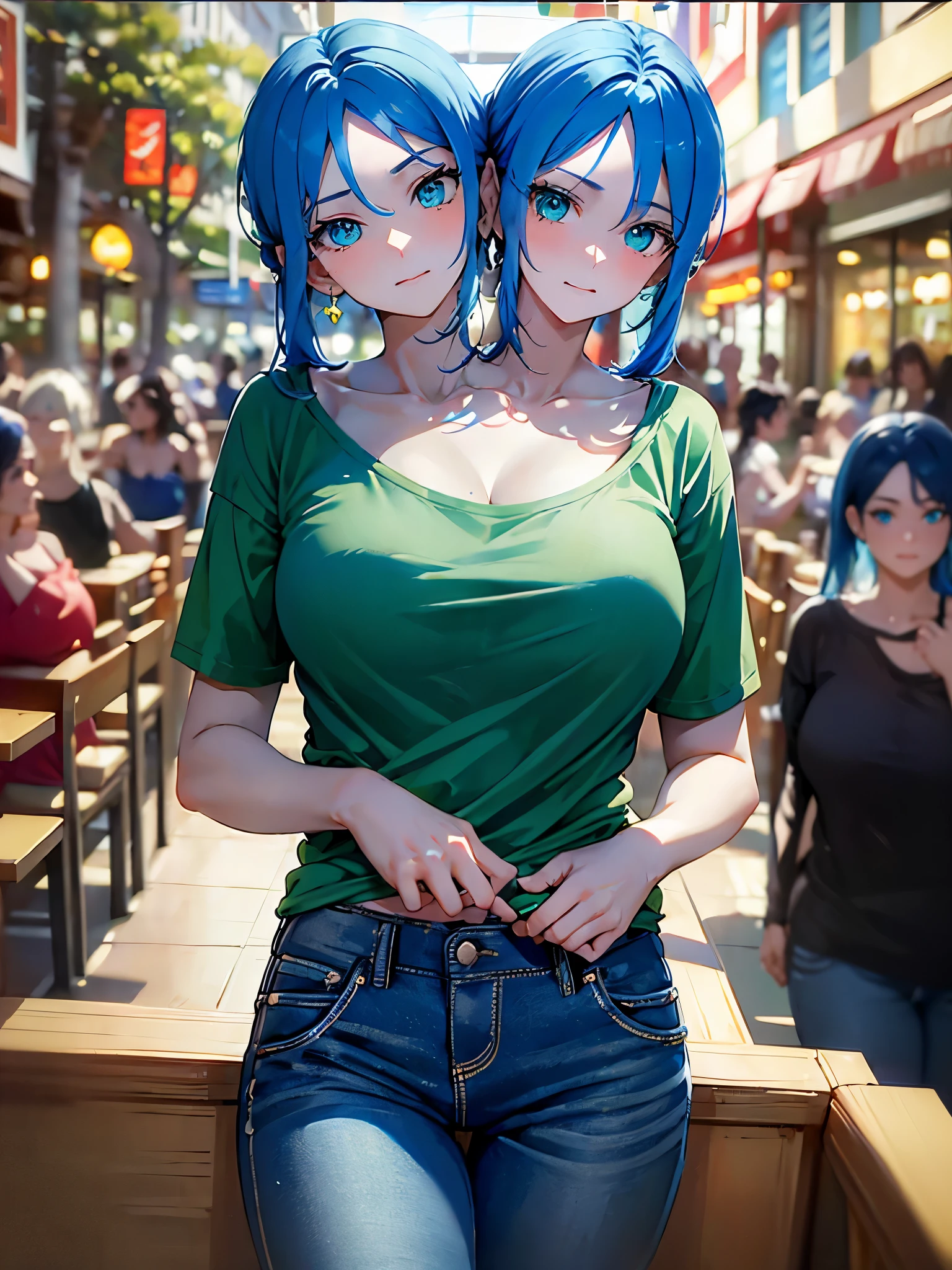 (masterpiece, best quality), best resolution, (2heads:1.5), 1girl, blue hair, green eyes, white t-shirt, blue pants, thinking, one hand on chin, pinching chin, waiting in line, fast food restaurant entrance