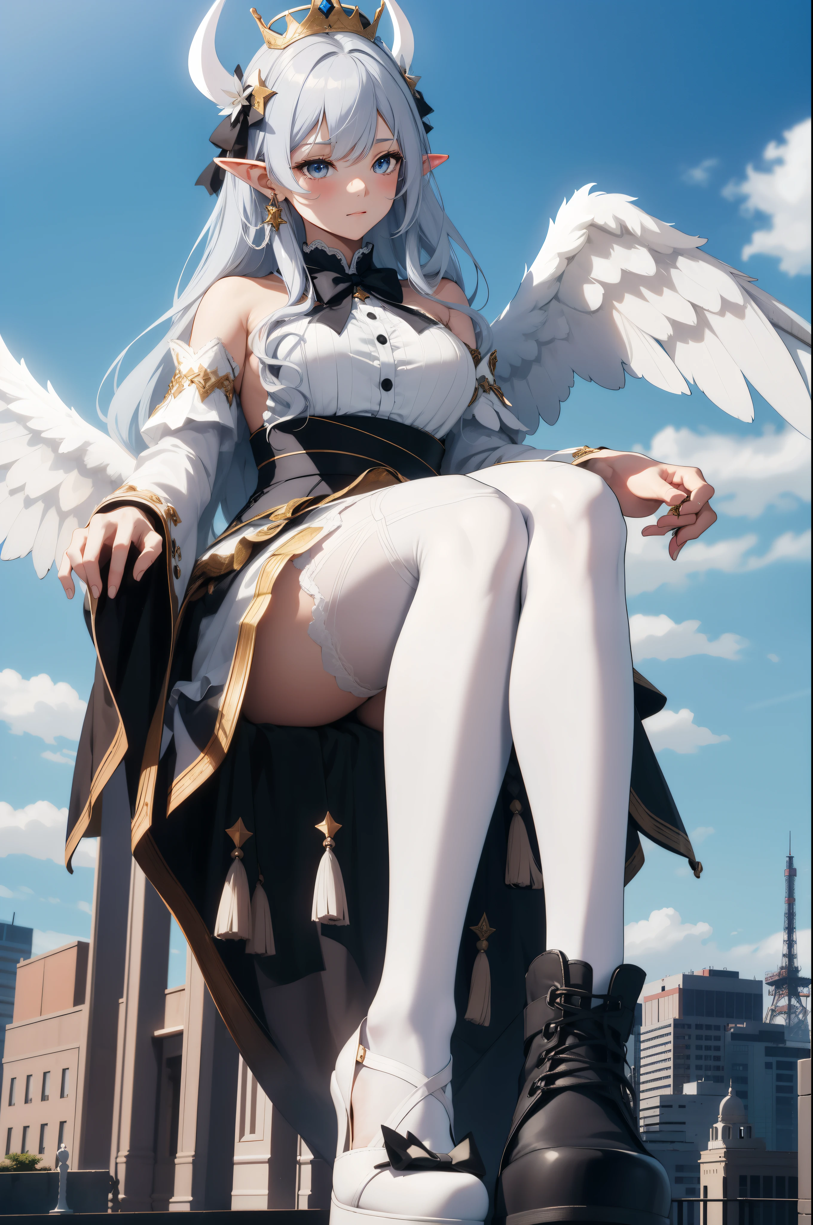 Aerial View,giant girl 50,000 feet high,Have a pair of long legs,Has a pair of huge angel wings,With huge devil horns on his head,Has white waist-length hair,loose hair,Wearing a pair of Mary Jane heels,white wavy hair,lace gloves,lace pantyhose,蕾丝whole body,leaning upright on a tall building,城市到处是blood stains,Beautiful appearance,Exquisite makeup,quality,8k,高quality,(governor:1.5),Perfect proportion, Cinema lighting,film grain,Fuji colors,8k,textured skin,Super details,high detail,high resolution,explode,fake smile,blood stains,脚底有blood stains,whole body,Fat stature