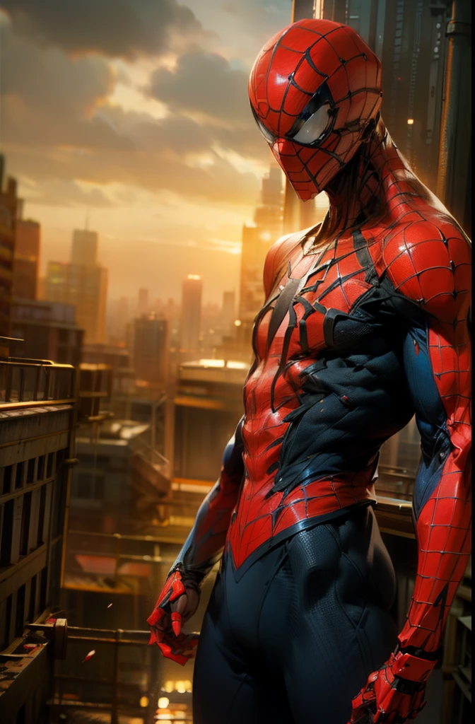 Masterpiece, top quality, high resolution, realistic, cowboy shot, 1 guy, Spiderman, mecha Spiderman, red, blue, transparent, (stance: 1.1), biomechanics, urban, sunset, dramatic lighting,