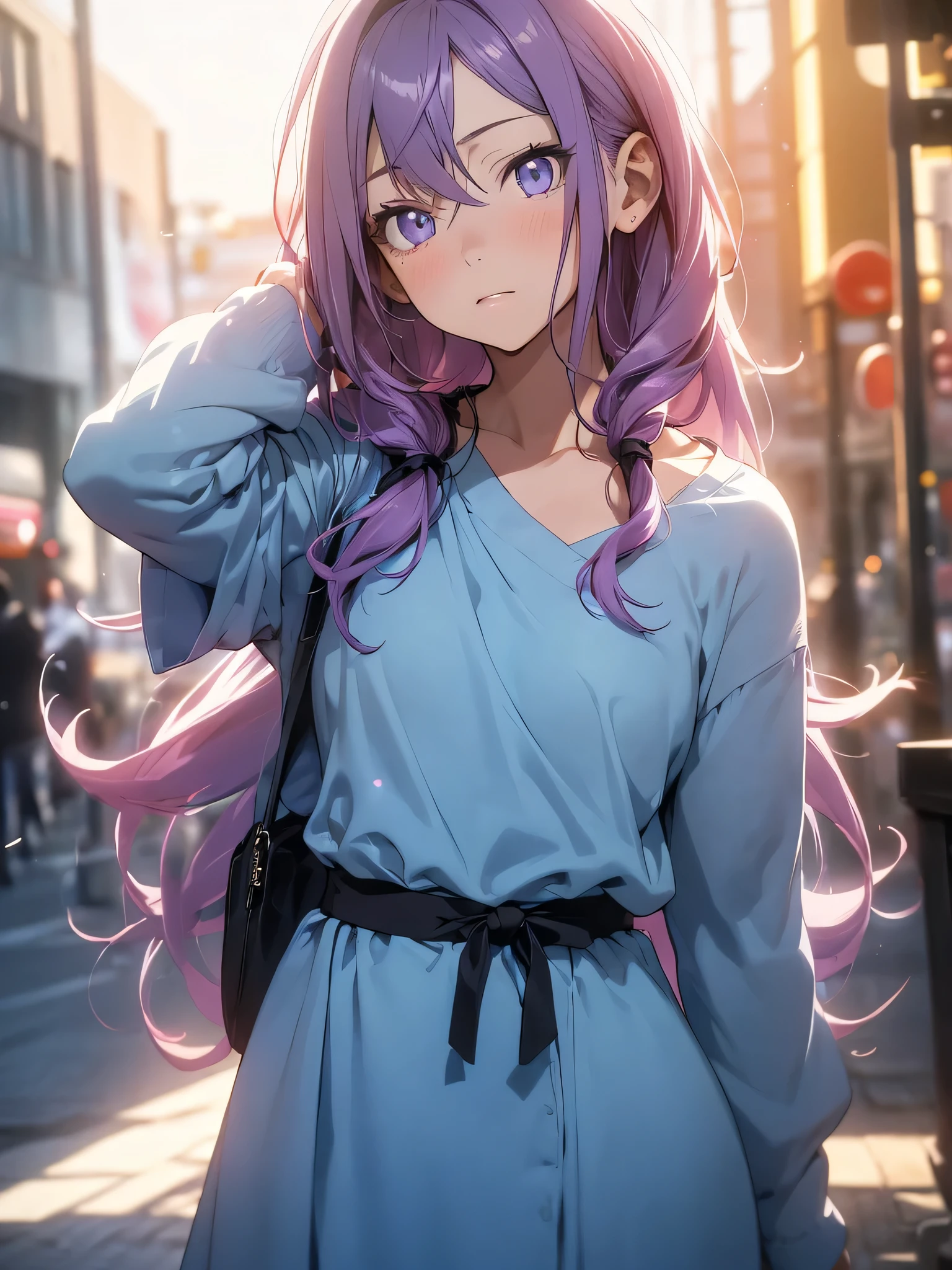 anime style, movieポートレート写真, 1 female, 30 years old, Full body Esbian, small and meager chest, bright purple hair, long hair, purple eyes, blue background eyes、eye make up、Wearing a pink dress, (natural skin texture vivid details, surreal, (realistic detailed eyes, natural skin texture, realistic facial details), soft and dramatic lighting, Depth of written boundary, Bokeh, vivid details, surreal, 35mm movie, hazy blur, movie