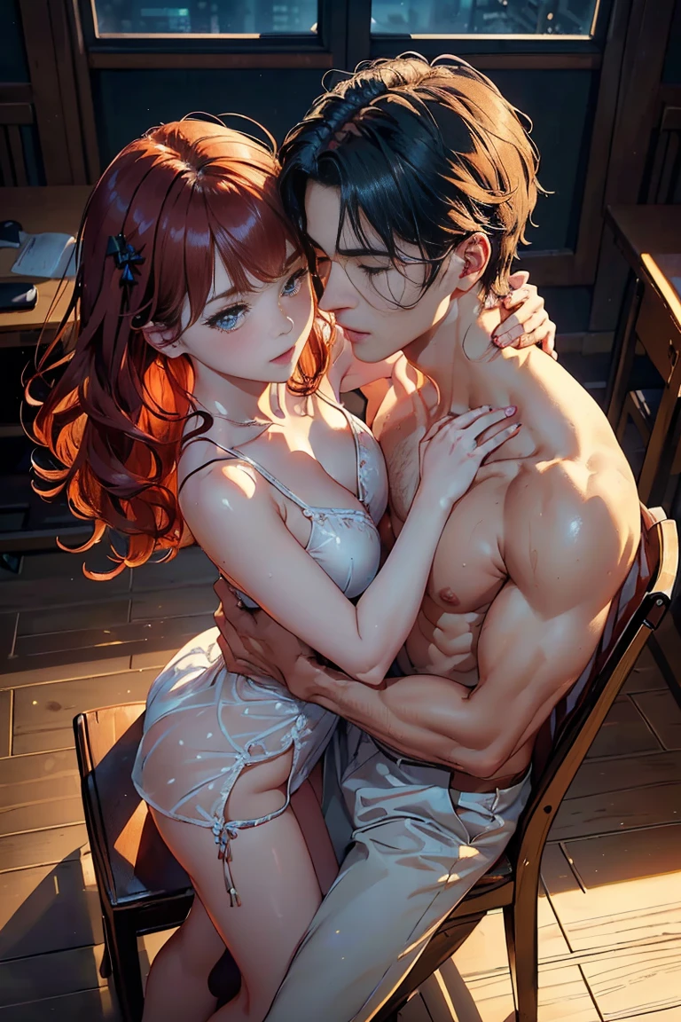 NSFW (only in english), (Dance masterpieces, highest quality, photo realist:1.4), (shiny skin), (UHD, 8k wallpaper, High resolution), perfect anatomy, lighting movie, physical rendering, Award-Winner, extreme detail skin, highly detailed face, Beautiful eyes in every detail, Carl Zeiss 85mmF/1.4, (((1 girl et 1 man, couple, have sex))), (Vertical overlap, (man behind ), on the chair:1.3), (1 girl: Very cute in a 20 year old dress, (Mid-length wavy red hair, fringe), mid-chest with cleavage, (1 girl: green々and naughty nose, eyes are almost closed), in the classroom at midnight, (moonlight), (1 man: Handsome, Mature man in rookie suit, If you hug a girl with one arm and the other、Catching a girl's chin), Diagonal forward shooting, Map from above,