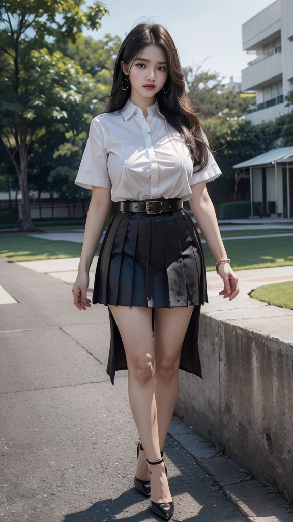 highest resolution, 8K, high definition, ( สาวlong hairมาก, long hair, straight hair, black hair), นักศึกษาthailand, (half-caste, thailand, Japan, Korea, Height 173 centimeters), ((stand, walk)), (Beautiful face, แต่งBeautiful face, Double eyelids, red lips), (Beautiful Woman, The texture is realistic.), (white short sleeve shirt thin shirt, collar shirt, With metal buttons), (black pleated skirt, กระโปรงพร้อมbeltผู้หญิง, tight), (Huge breasts, Breast augmentation, big breast, Big tits, plump tits, Fluffy milk, Huge breasts), (Symmetrical shape, sexy figure, small waist, Long legs, Beautiful thighs), (Pitch black high heels, earring, Put on a watch, belt), (full body, Look at every part of the body.), (university backdrop, building, building, lawn, outdoor sports field)