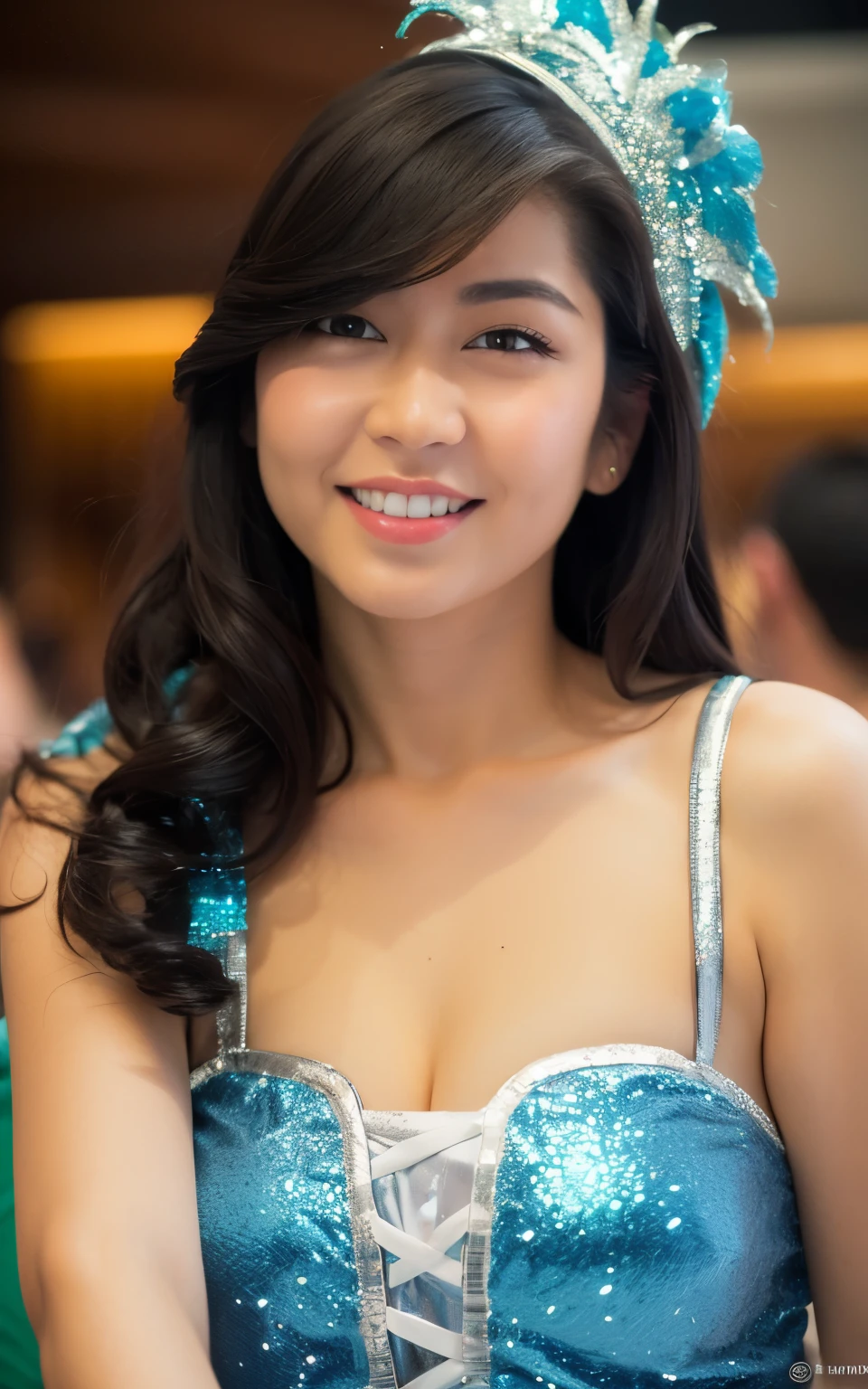 (jessica veranda), Highly detailed CG Unity 8k wallpaper, of the highest quality, super detailed, masutepiece, Realistic, photos realistic, extremely detailed cute girl, 20 years old, Large breasts , cleavage , (Samba Carnival Dancer, Samba Carnival Wear:1.2) , , Round eyes, viewer , Parted lips, Smile , (bed , sitting) , sexy pose, very tempting women, looking at viewer, long hair