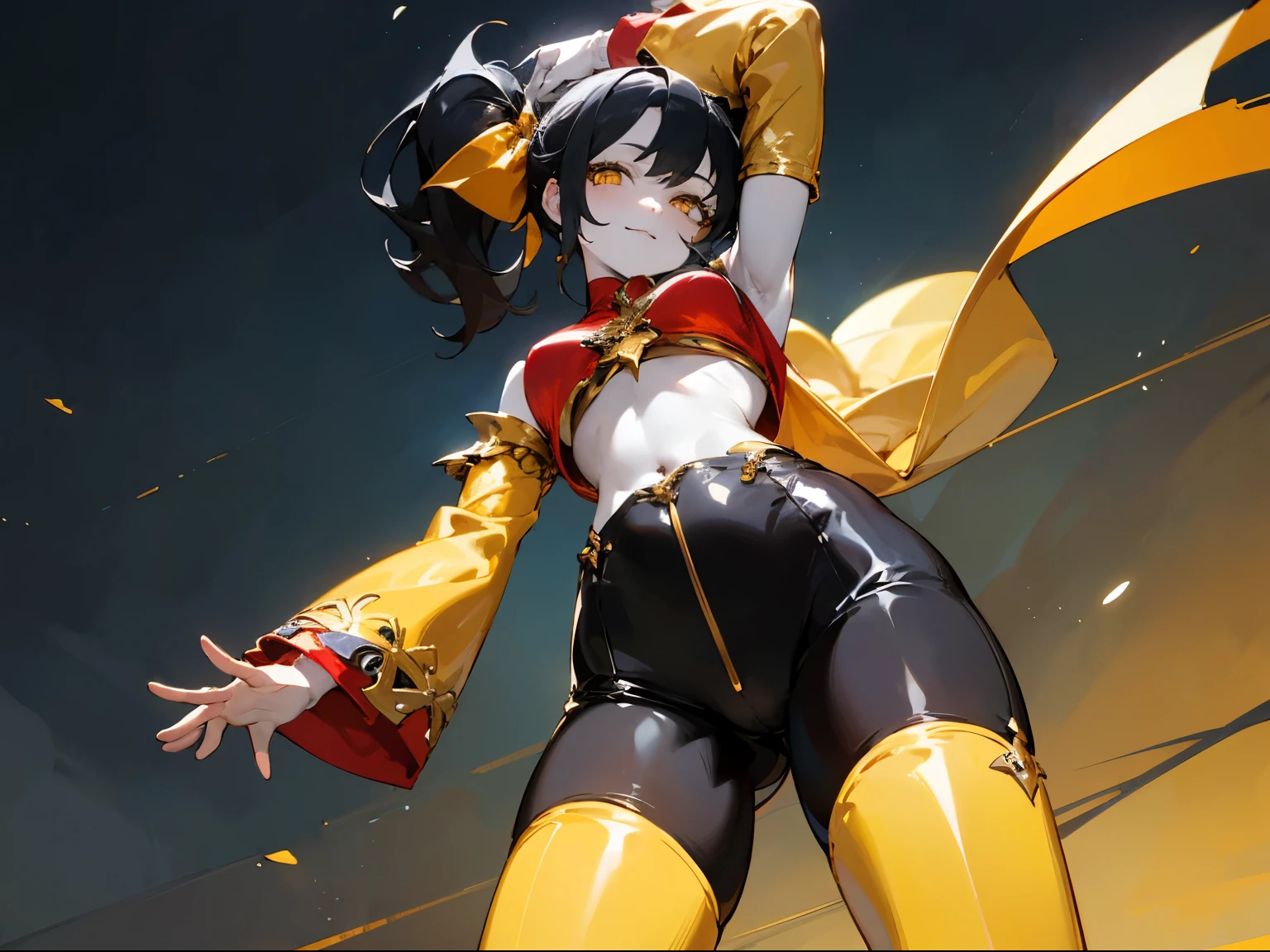 1girl, black hair(((side ponytail))), yellow eyes, smile, blush, pale skin(((extremely pale skin with detailed veins))), wearing red shirt(((gold fantasy details))), underboob, full sleeves, arms up, hands hidden in sleeves, no hands, black leather hip boots(((skin tight))), no bottoms, bare ass, fantasy city at night, absurdes, high res, ultrasharp, 8k, masterpiece, from behind, from below, looking at viewer