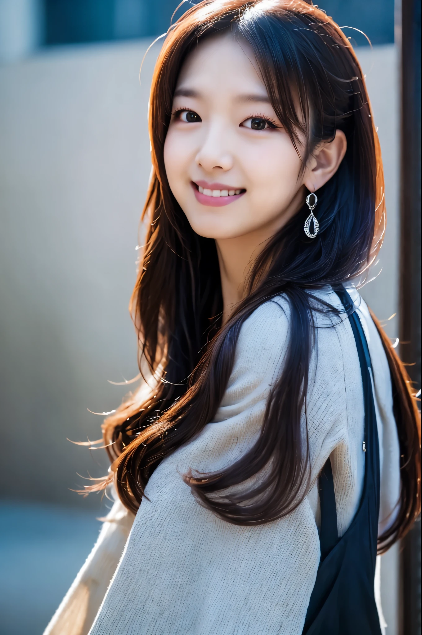Japanese lady, 30 years old, casual outfit, long black hair, colored inner hair, empty eyes, earrings, smile, depth of field, cinematic lighting, Canon, f/1.2, UHD, masterpiece, anatomically correct, textured skin, super detail, high quality, 8k, HD