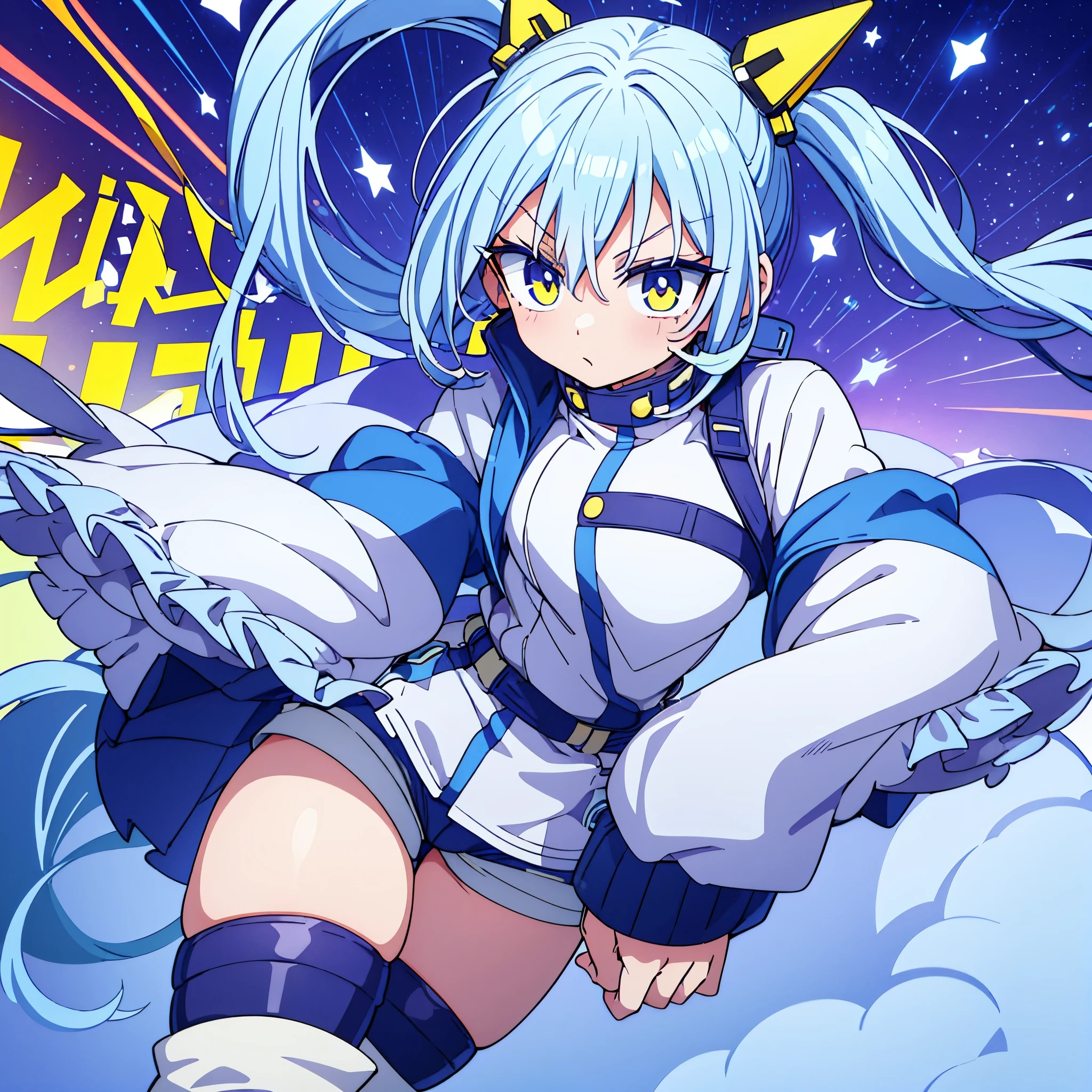 boku no hero academia comics panel of a female. She has a light blue hair with white ends of hair with a long twin pigtails.She has a yellow eyes with a vertical white pupil. She wearing a oversize windbreaker with a large long collar. She is wearing short shorts, long stockings and boots with many studs on huge soles.