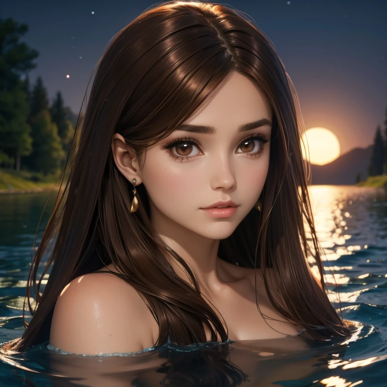 Beautiful woman with brown hair brown eyes detailed face indifferent look bust view bathing in lake under the moonlight 