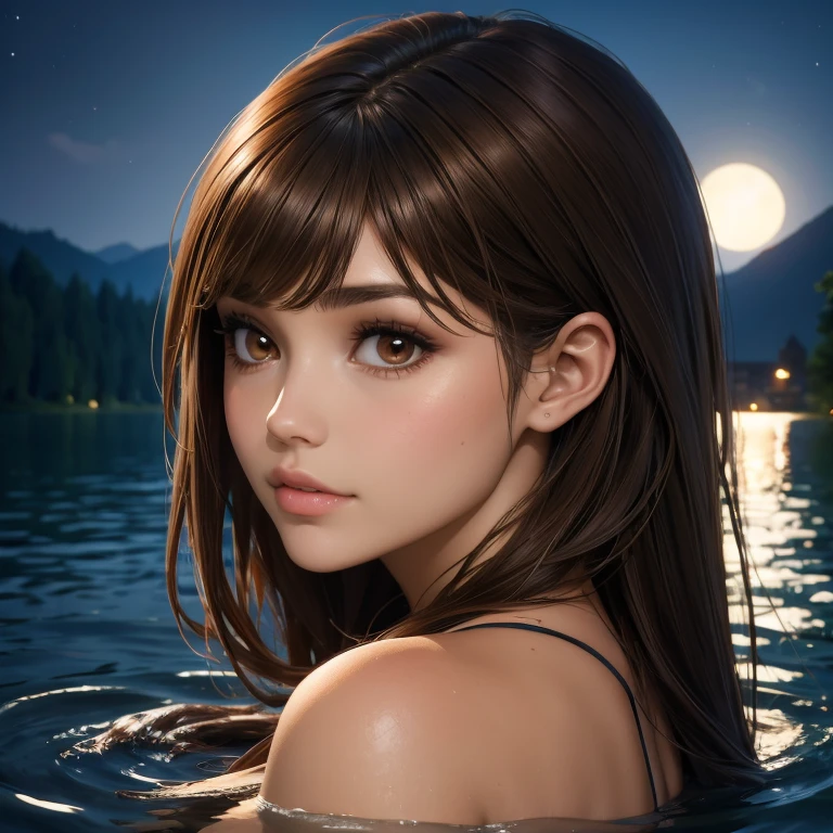 Beautiful woman with brown hair brown eyes detailed face indifferent look bust view bathing in lake under the moonlight 