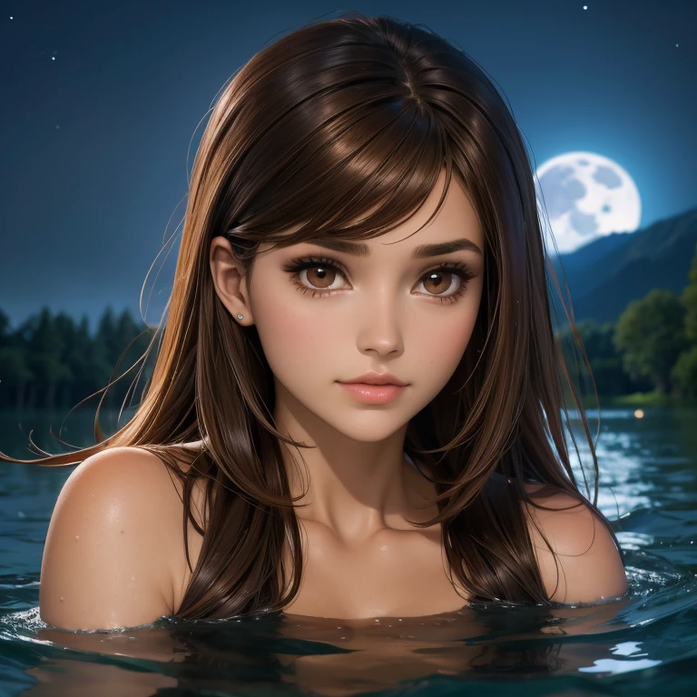 Beautiful woman with brown hair brown eyes detailed face indifferent look bust view bathing in lake under the moonlight 