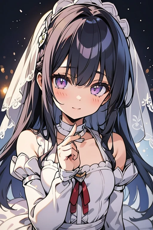 anime style, Rendering of anime girls, realistic young anime girl, Smooth anime CG art, smile, cute, purple eyes, small breasts, tall, Long straight hair、slanted eyes, wedding veil、Wedding dress, aldult