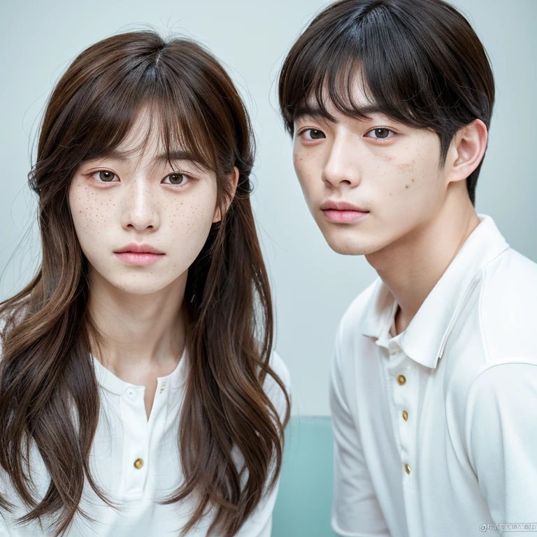 (best quality,korean men),twins,perfect face,long hair,freckles on face,natural hair,pale skin with freckles,heterochromia eyes with high resolution