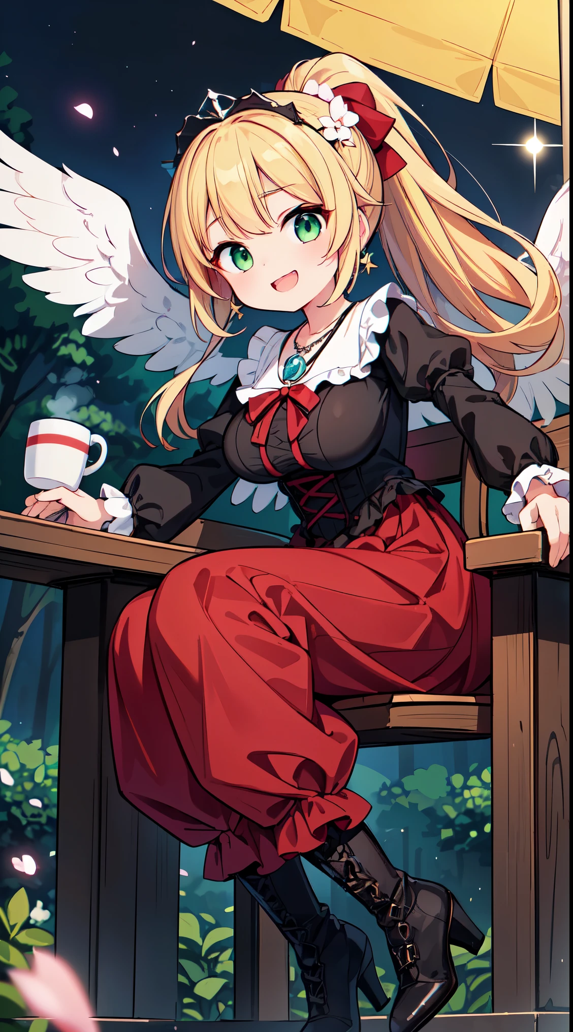 (super fine illustration:1.2),(masterpiece, 8k), (best quality, high quality:1.4), perfect anatomy, hyper detailed, ultra detailed,masterpiece background,beautiful detailed background, v8k wallpaper,perfect design,award-winning art,atmospheric,
BREAK, 1 beautiful girl, girl, (cute:1.5),(Little:0.5),(cute:2.0),(change:2.0),(12 year old girl),(big breasts:1.65),(chin hair,blonde,blue bow,green eyes,Eyebrows visible through the hair,side lock,long hair with bangs parted, hair flower, hair ornaments, big ribbon in hair, curly hair, ponytail:1.6),:he, white feathers, one thin white wing, Ang he wings, spread your wings, shining wings),pit \black},glowing skin, beautiful skin, Shining beautiful skin, open your mouth, bashful smile, alone, tooth, upper teeth,(long eyheashes, double eyheids:1.2),alone, glowing skin, beautiful skin, Shining beautiful skin,(highest quality face),(highest quality shining eyes,
BREAK, ((floating hair,falling petals,sunless sea,chocolate,brown high heels,lolita fashion,gothic lolita,
frilled dress), (red skirt, detailed laced skirt), (tiara, necklace, earrings), BREAK,chair, outdoor, girl,long sleeves, long pants, boots, mug, night, stars, forest, tent, 1girl, night,stars, (forest:1.2), (chair:1.2), (outdoor:1.2),mug, (night:1.2), (tent:1.2), look up,smile,
BREAK,wakame,wakame,wakame,(dynamic pose,from front:1.5)
BREAK,(Blurry background:1.3),(absurderes, hight resolution, Super Detail Art),cel shading,Clear Color, Lonely optical effect, Beautiful pictures, Bright glow, mystic atmosphere,(Close-up of girl:1.1), Mystical light particle effect,manga influence, clean line drawings,