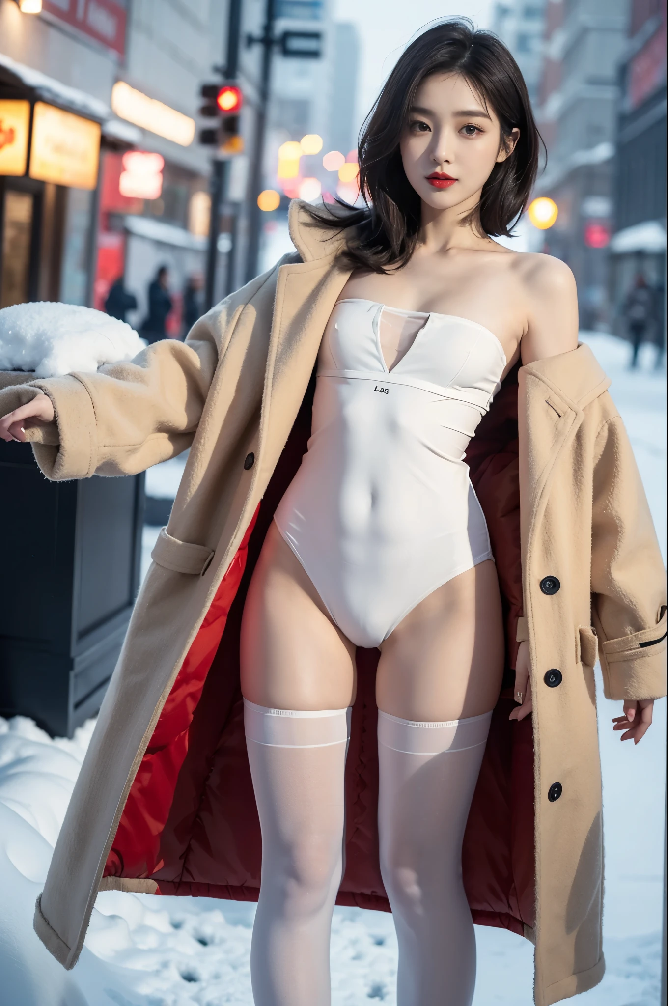 best quality, 4K, 8k, Detailed faces, clear face, pretty girl, Korean makeup, red lips, lol, Perfect body,Short shoulder-length hair,small breasts,thigh,Slim,thin, girl wearing long and wide coat, Under the jacket is a top tube and tights, lower abdomen, snow scene, winter, street,