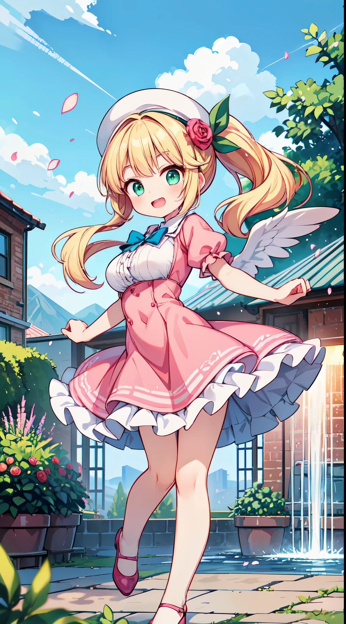 (super fine illustration:1.2),(masterpiece, 8k), (best quality, high quality:1.4), perfect anatomy, hyper detailed, ultra detailed,masterpiece background,beautiful detailed background, v8k wallpaper,perfect design,award-winning art,atmospheric,
BREAK, 1 beautiful girl, girl, (cute:1.5),(Little:0.5),(cute:2.0),(change:2.0),(12 year old girl),(big breasts:1.65),(chin hair,blonde,blue bow,green eyes,Eyebrows visible through the hair,side lock,long hair with bangs parted, hair flower, hair ornaments, big ribbon in hair, curly hair, ponytail:1.6),:he, white feathers, one thin white wing, Ang he wings, spread your wings, shining wings),pit \black},glowing skin, beautiful skin, Shining beautiful skin, open your mouth, bashful smile, alone, tooth, upper teeth,(long eyheashes, double eyheids:1.2),alone, glowing skin, beautiful skin, Shining beautiful skin,(highest quality face),(highest quality shining eyes,
BREAK
red_rose,rose,flower,red_flower,strawberry,1girl,pink_rose,fruit,castle,tree,long_hair,apple,cloud,sky,solo,bush,dress,pink_dress,pink_flower,cake,garden,day,food,outdoors,frills,building,hat,fountain,house,potted_plant,bouquet,pink_footwear,bridge,petticoat,plant,hat_flower,rose_petals,cloudy_sky,bow,blue_sky,shoes,grass,petals,tower,city,mountain,looking_at_viewer,aqua_eyes,bird,strawberry_shortcake,puffy_sleeves,table,frilled_dress,lamppost,
BREAK,wakame,wakame,wakame,(dynamic pose,from front:1.5) ,
BREAK,(Blurry background:1.3),(absurderes, hight resolution, Super Detail Art),cel shading,Clear Color, Lonely optical effect, Beautiful pictures, Bright glow, mystic atmosphere,(Close-up of girl:1.1), Mystical light particle effect,manga influence, clean line drawings,